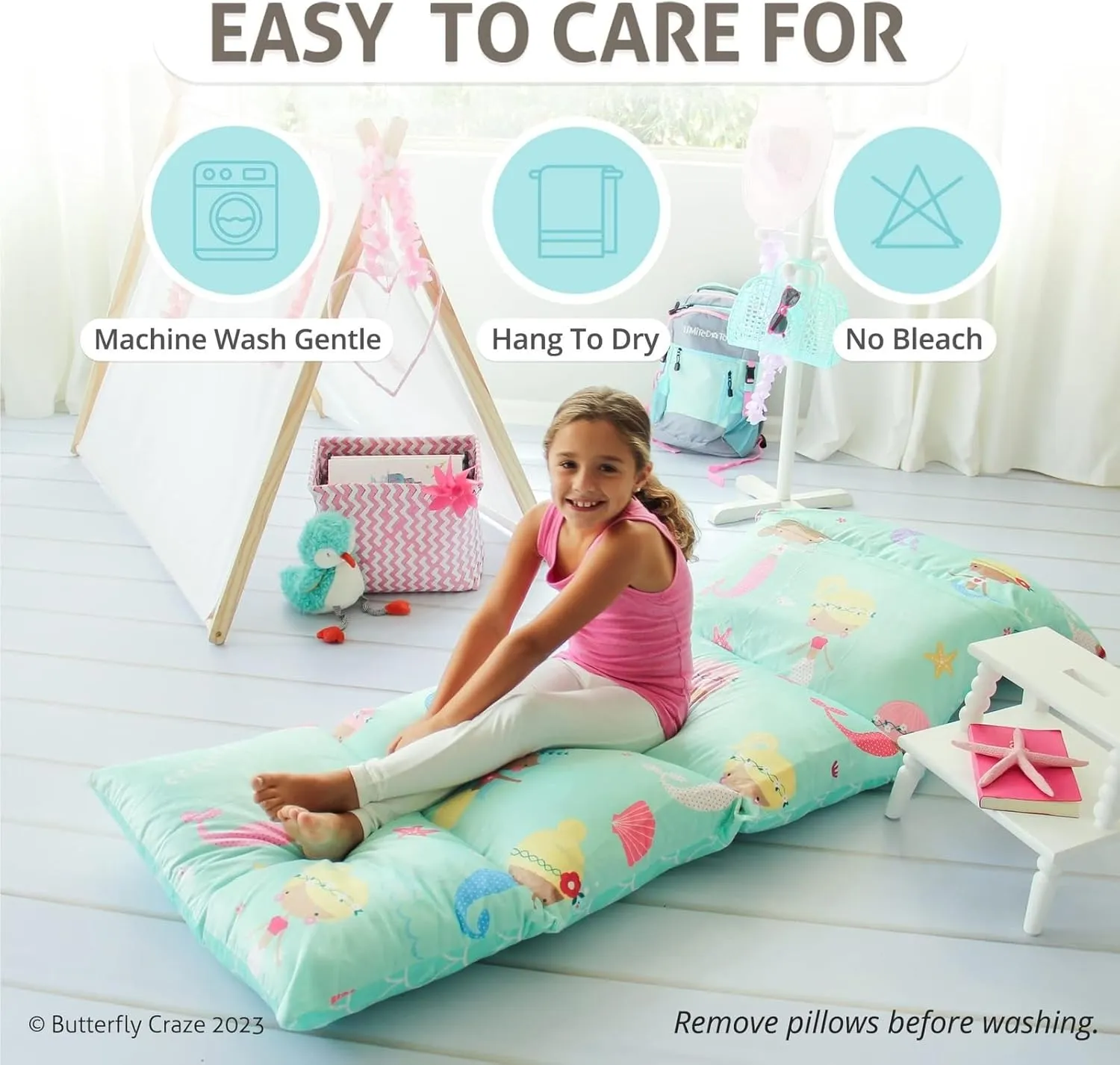 Butterfly Craze Floor Pillow Case, Mattress Bed Lounger Cover, Mermaid Aqua, King Size - Cozy Seating Solution for Kids & Adults, Recliner Cushion, for Reading, TV Time (Pillow Not Included)