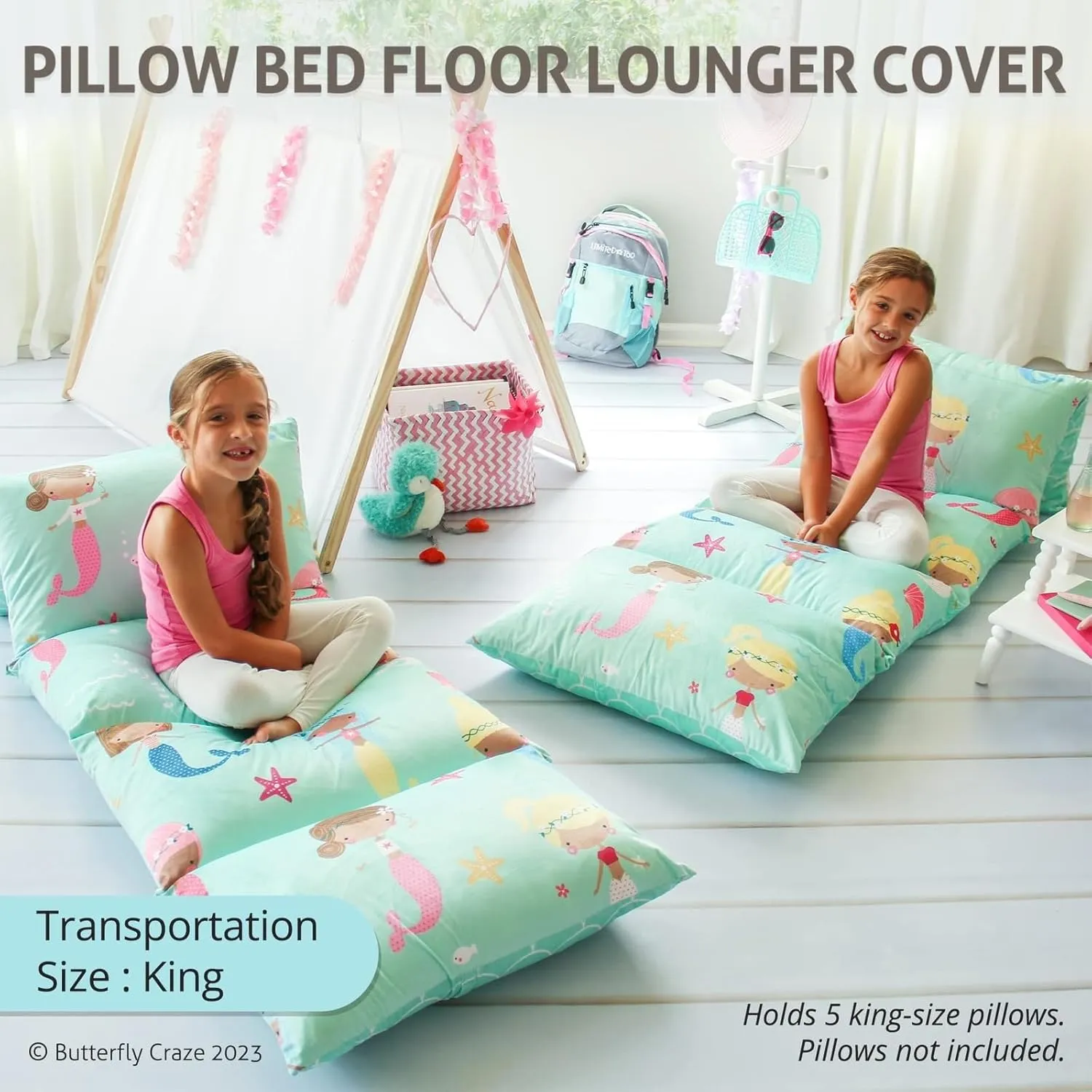 Butterfly Craze Floor Pillow Case, Mattress Bed Lounger Cover, Mermaid Aqua, King Size - Cozy Seating Solution for Kids & Adults, Recliner Cushion, for Reading, TV Time (Pillow Not Included)