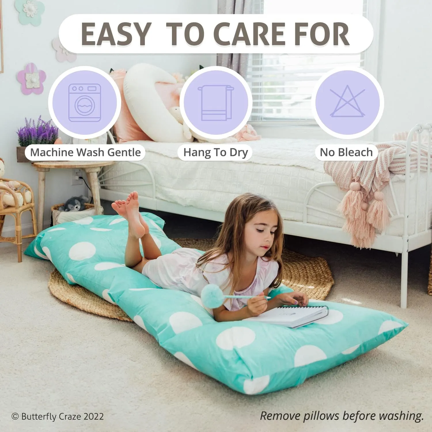 Butterfly Craze Floor Pillow Case, Mattress Bed Lounger Cover, Polka Aqua, King Size - Cozy Seating Solution for Kids & Adults, Recliner Cushion, Perfect for Reading, TV Time (Pillow Not Included)