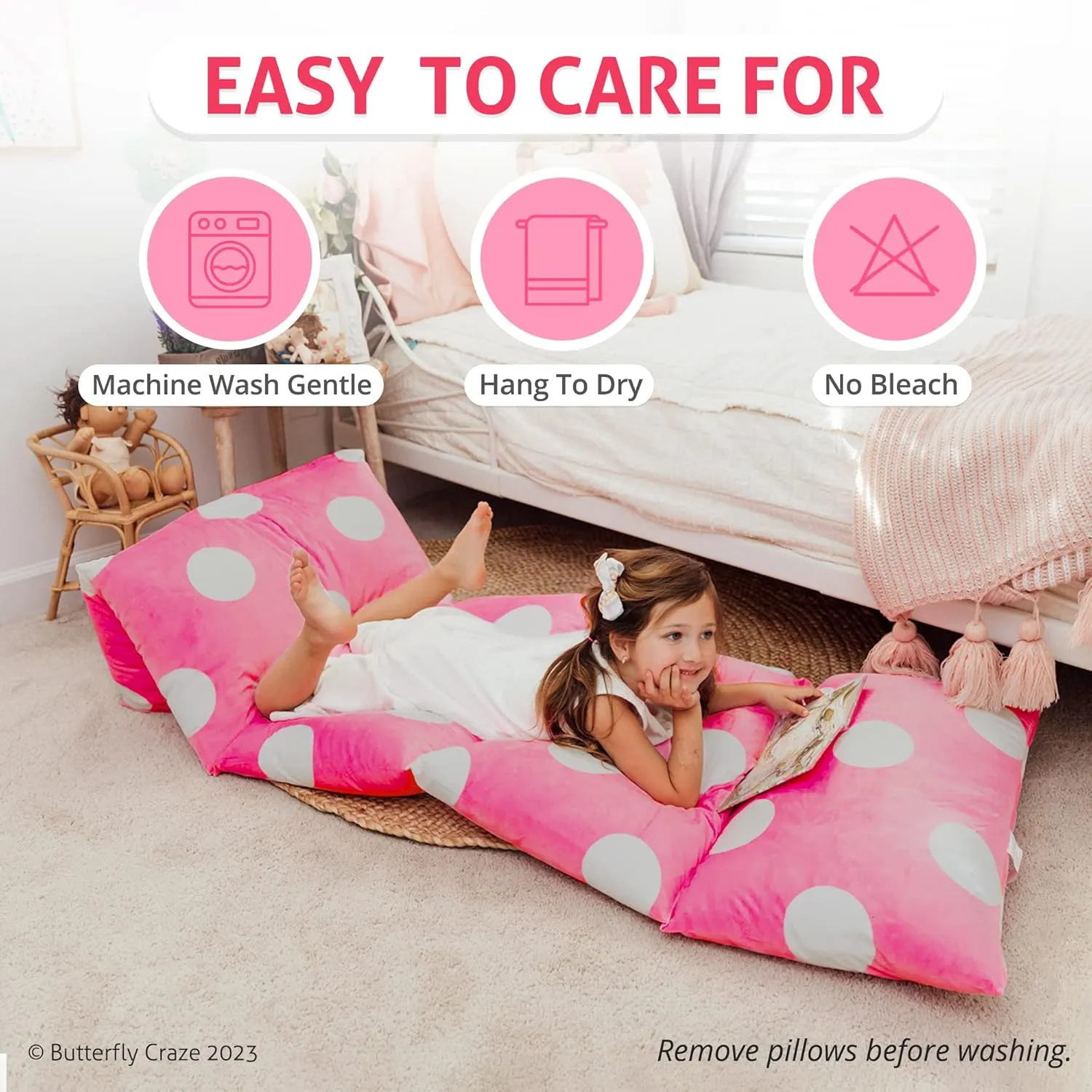 Butterfly Craze Floor Pillow Case, Mattress Bed Lounger Cover, Polka Hot Pink, Queen Size - Cozy Seating Solution for Kids & Adults, Recliner Cushion, for Reading, TV Time (Pillow Not Included)