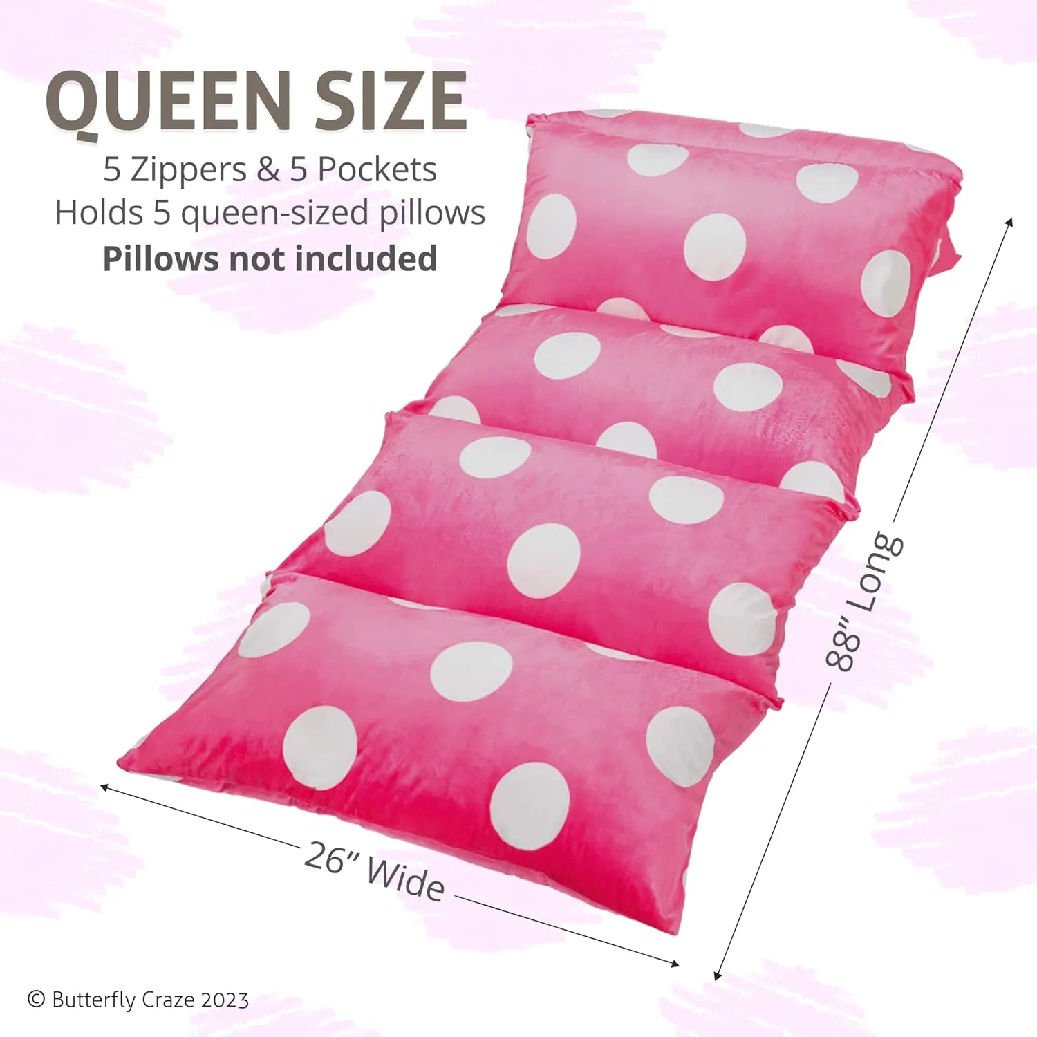 Butterfly Craze Floor Pillow Case, Mattress Bed Lounger Cover, Polka Hot Pink, Queen Size - Cozy Seating Solution for Kids & Adults, Recliner Cushion, for Reading, TV Time (Pillow Not Included)
