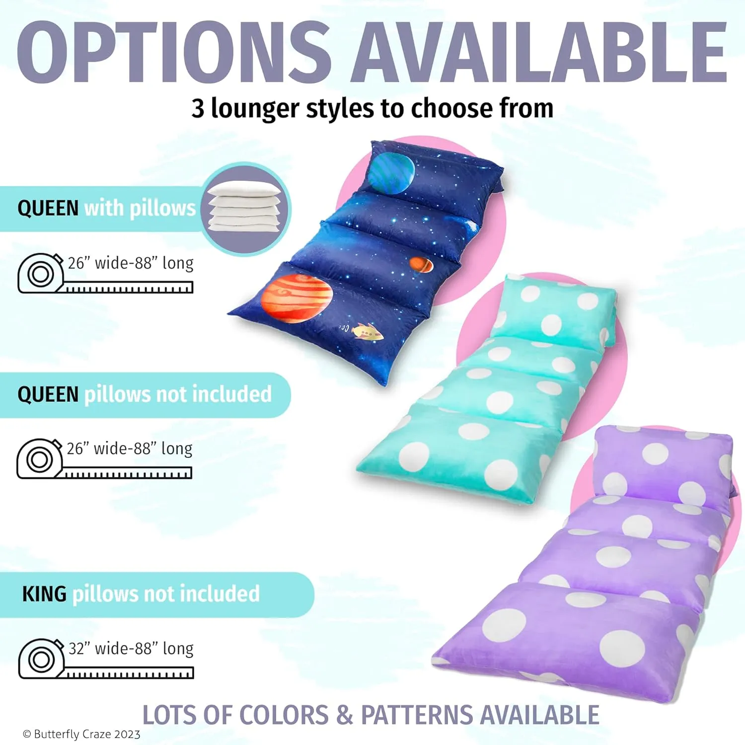 Butterfly Craze Floor Pillow Case, Mattress Bed Lounger Cover, Polka Hot Pink, Queen Size - Cozy Seating Solution for Kids & Adults, Recliner Cushion, for Reading, TV Time (Pillow Not Included)