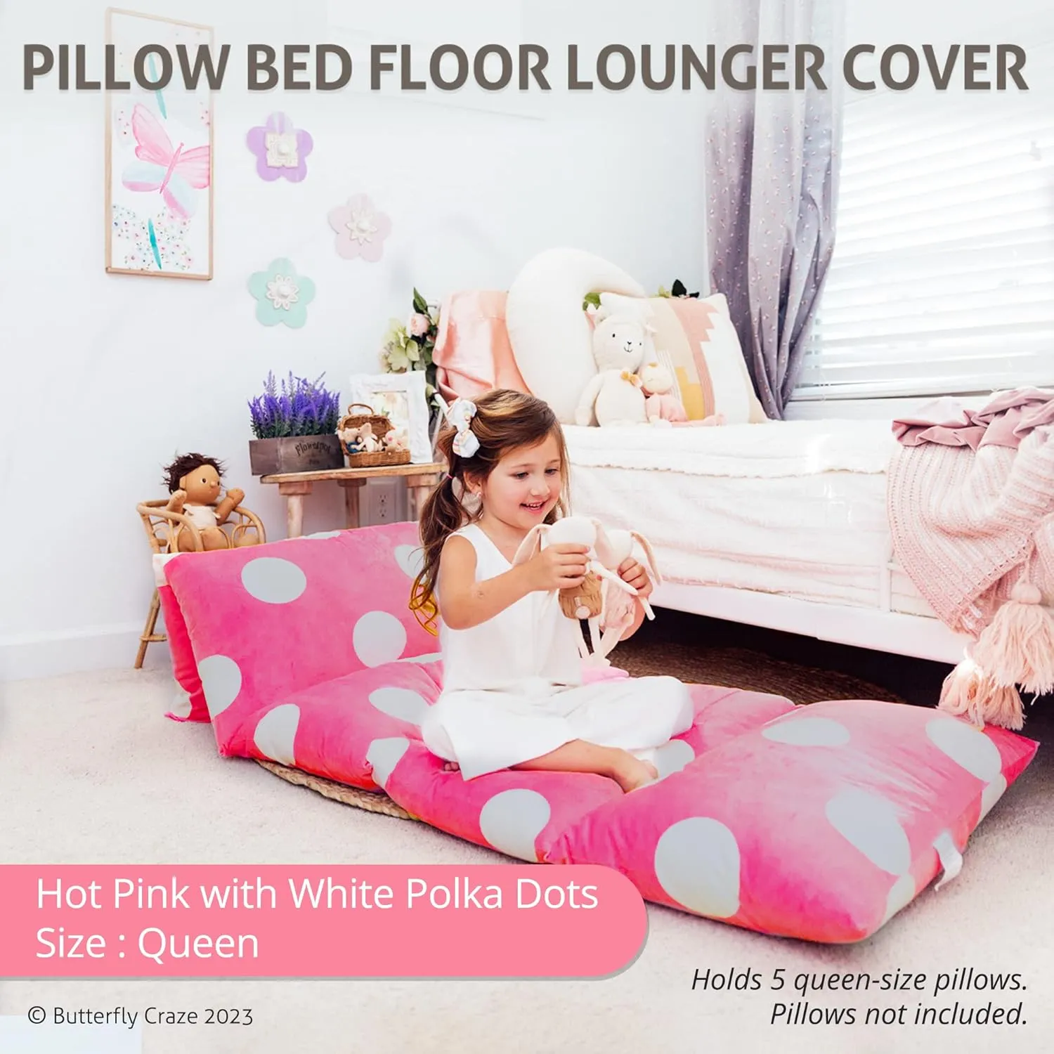 Butterfly Craze Floor Pillow Case, Mattress Bed Lounger Cover, Polka Hot Pink, Queen Size - Cozy Seating Solution for Kids & Adults, Recliner Cushion, for Reading, TV Time (Pillow Not Included)