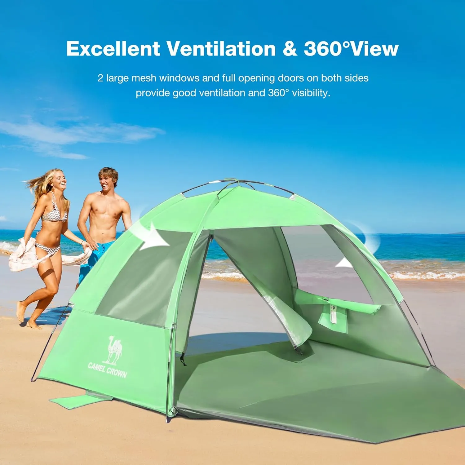 CAMEL CROWN Beach Tent UPF 50  Sun Shelter for 2/3/5/6 Person, Lightweight Portable Sun Shade with Sand Anchor, Family Beach Day & Outdoor Adventures