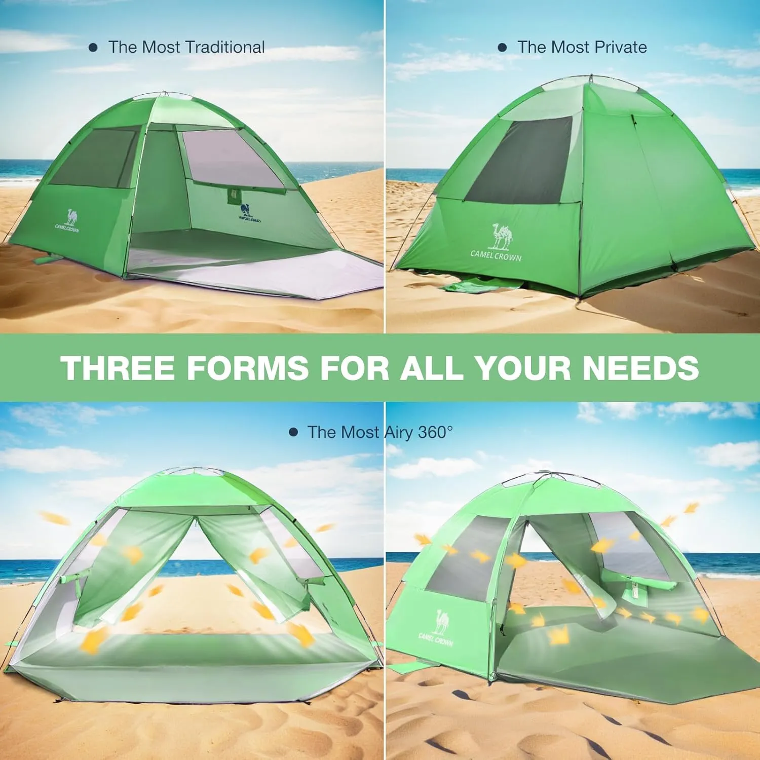 CAMEL CROWN Beach Tent UPF 50  Sun Shelter for 2/3/5/6 Person, Lightweight Portable Sun Shade with Sand Anchor, Family Beach Day & Outdoor Adventures
