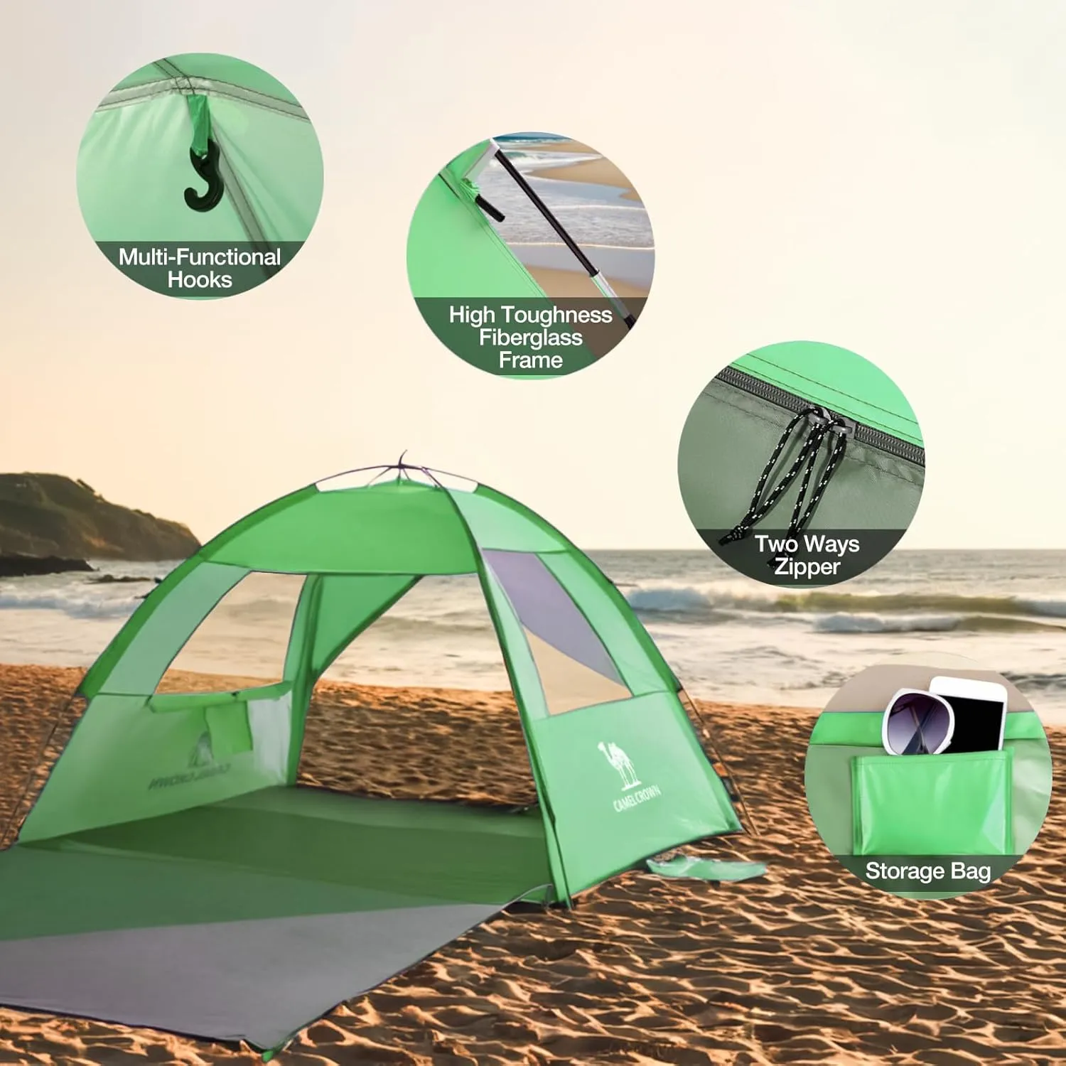 CAMEL CROWN Beach Tent UPF 50  Sun Shelter for 2/3/5/6 Person, Lightweight Portable Sun Shade with Sand Anchor, Family Beach Day & Outdoor Adventures