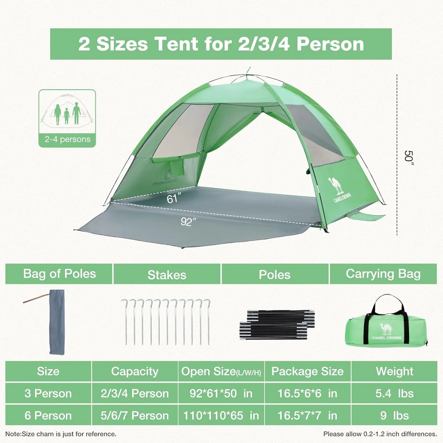 CAMEL CROWN Beach Tent UPF 50  Sun Shelter for 2/3/5/6 Person, Lightweight Portable Sun Shade with Sand Anchor, Family Beach Day & Outdoor Adventures