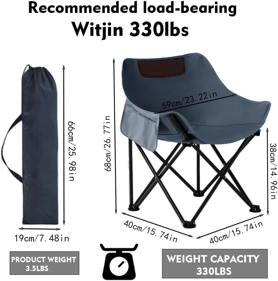 Camping Folding Chair, Heavy Duty Oversized Portable Outdoor Chair, Foldable Camp Chair with Side Pocket, Carry Bag Included, Collapsible Chair for Camping, Tailgates, Beach
