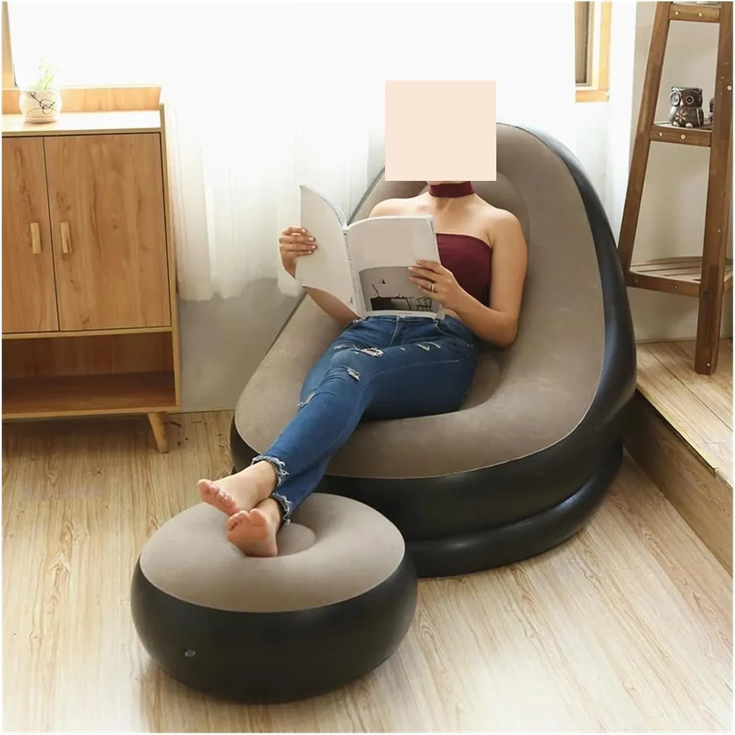 Camping Outfit Inflatable Lazy Sofa with Pedal Folding Recliner Outdoor and Indoor Bed Flocking Chair Beach Camping Garden Fashionable (Color : Red Lazy Sofa)