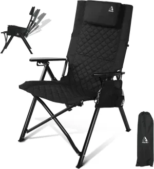 Camping Reclining Chair, Heavy Duty Folding Chairs with 4-Stage Adjustable High Back for Adults, Compact Foldable Outdoor Patio Reclining Chair with Storage Bag （Black）