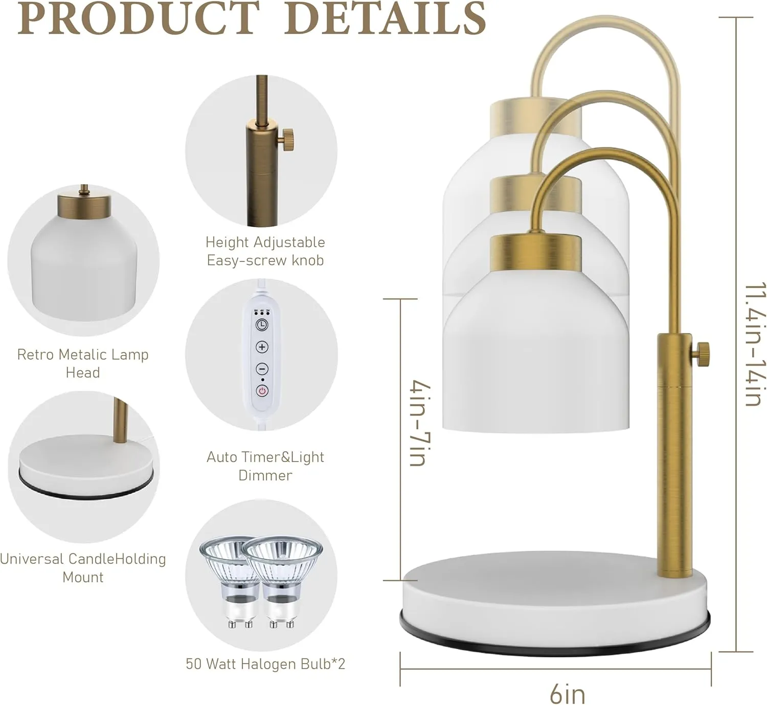 Candle Warmer Lamp, with 2 Bulbs,Timer & Dimmer,Compatible with Large Yankee Candle Jars,3 Wick Candles,Height Adjustable Electric Top Candle Melter,White,110-120v