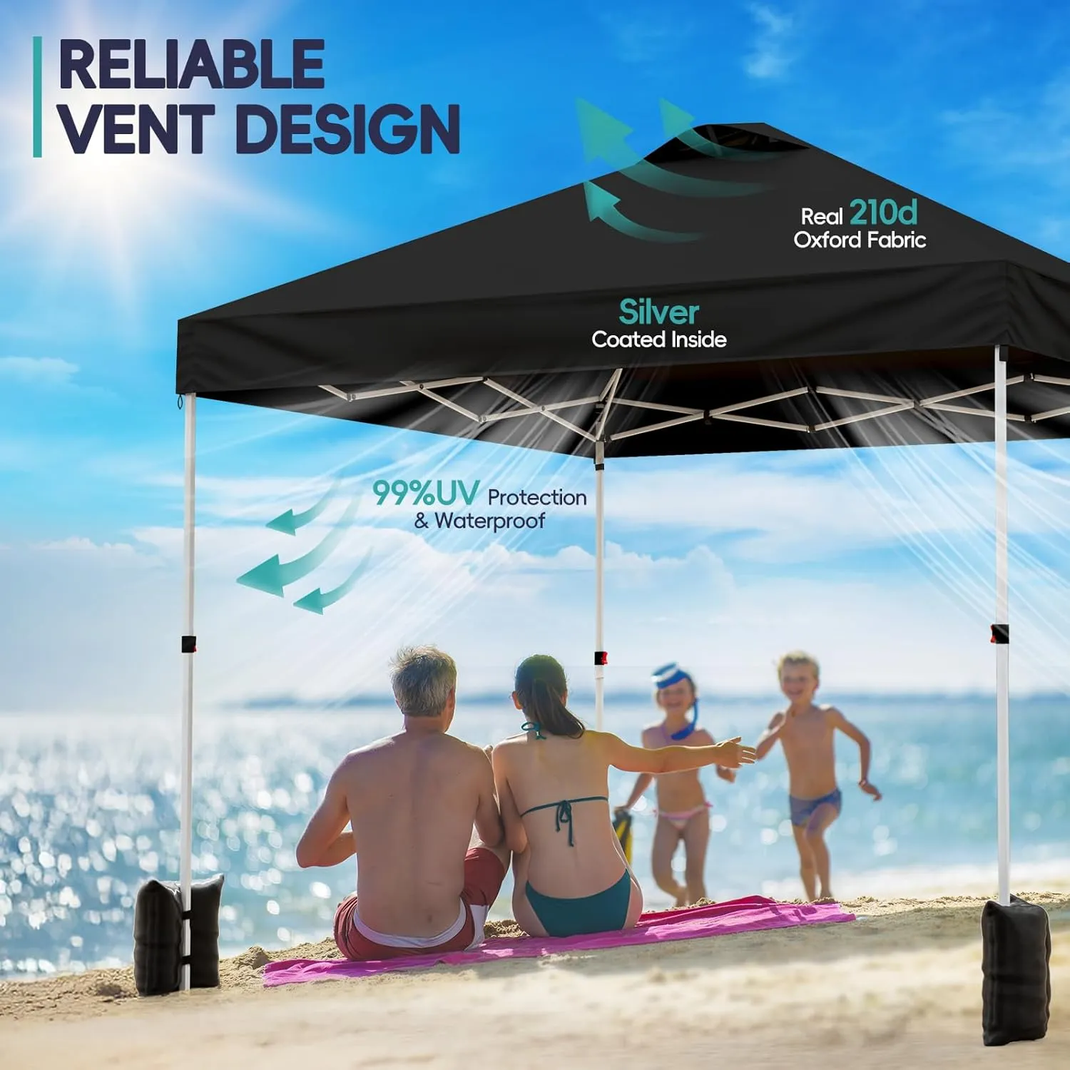 Canopy 10x10 Pop Up, Easy Up Outdoor Tent with Sidewall, PF 50 , Waterproof, Adjustable Sun Shelter with Vented Roof for Party, 1 Wheel Bag, 8 Stakes, 4 Ropes, 4 Sandbags,Black
