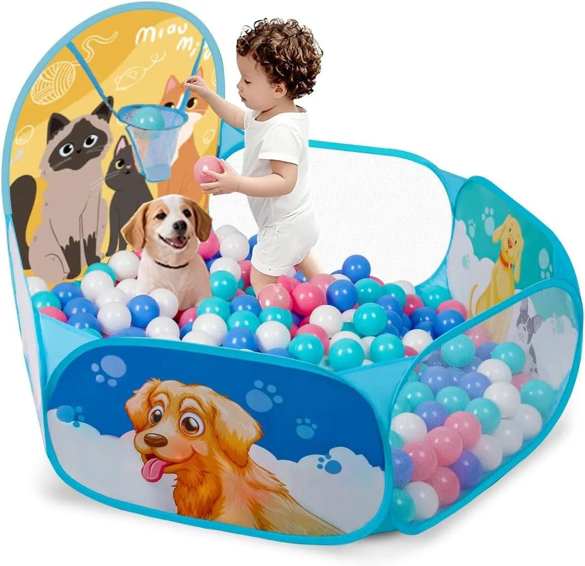 Cat & Dog Kids Ball Pit for Toddler with Basketball Hoop Foldable Pop-Up Baby Ball Pit for Girls Boys Indoor & Outdoor Game 47.24"/120cm Wide Plyahouse Tent (Balls NOT Included)