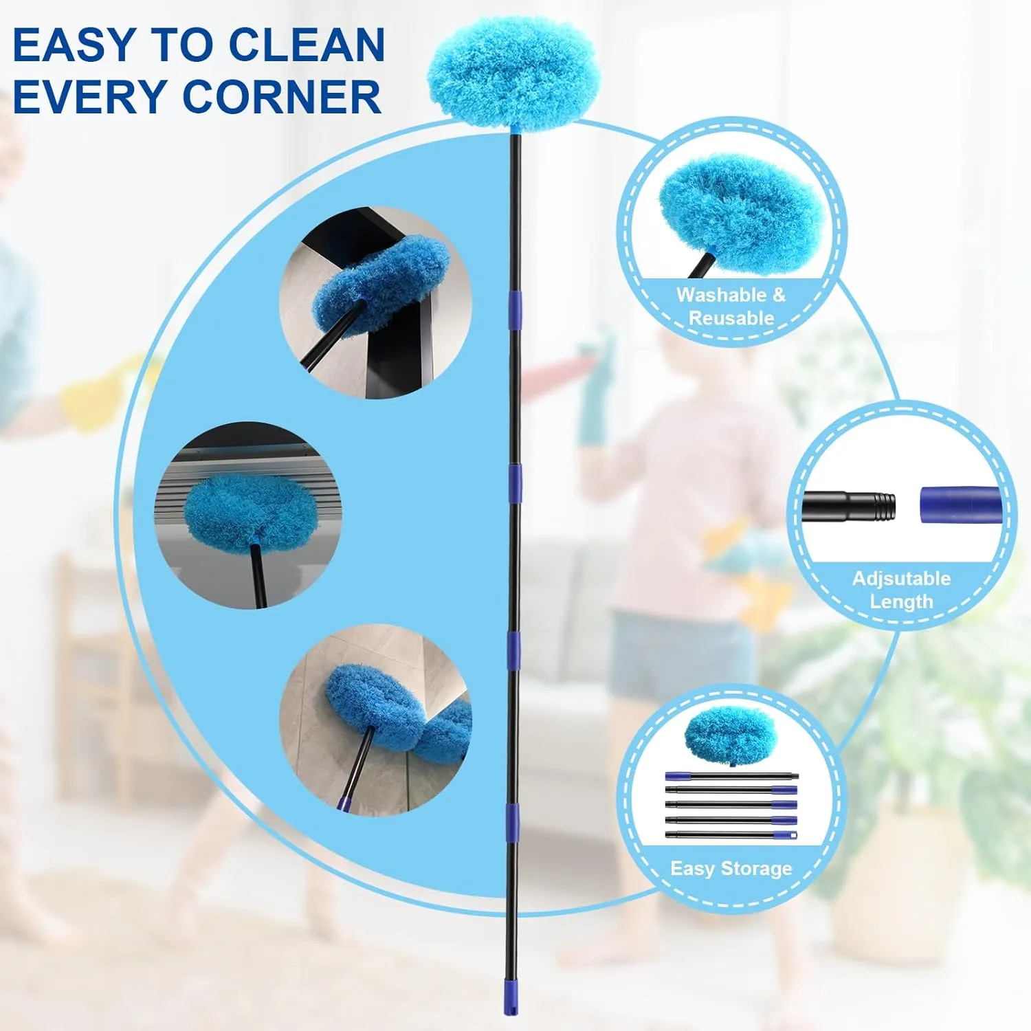 Ceiling Fan Cleaner Duster 7 Ft, Fan Duster for Ceiling Fan Blades, Removable Ceiling Fan Duster with Long Pole, Reusable Ceiling Cleaner Duster for High Ceilings, Fans, Furniture, Blinds