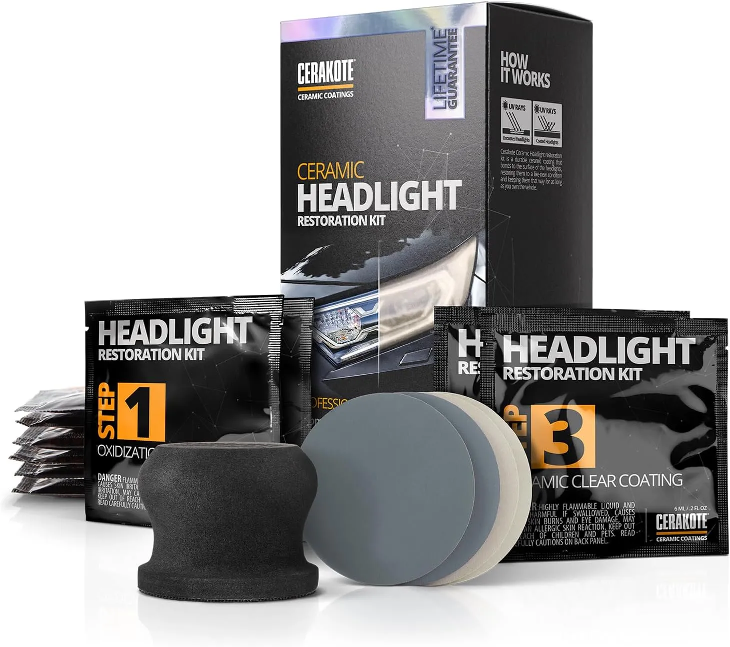 CERAKOTE® Ceramic Headlight Restoration Kit – Guaranteed To Last As Long As You Own Your Vehicle – Brings Headlights Back to Like New Condition - No Power Tools Required - 10 Wipe Kit