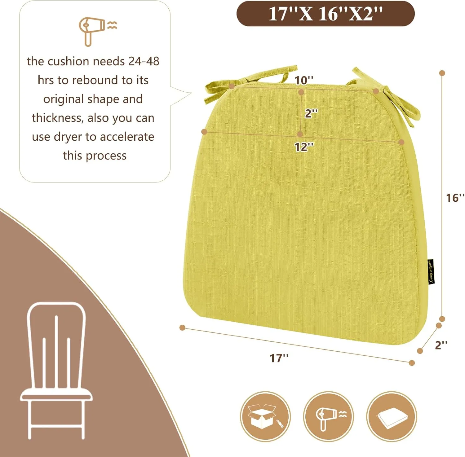 Chair Cushions for Dining Chairs, Indoor Seat Cushions with Ties and Non-Slip Backing, High-Resilience Chair Pads for Dining Room and Kitchen Chairs, 17''x16''x2'', Grass Green, Set of 4