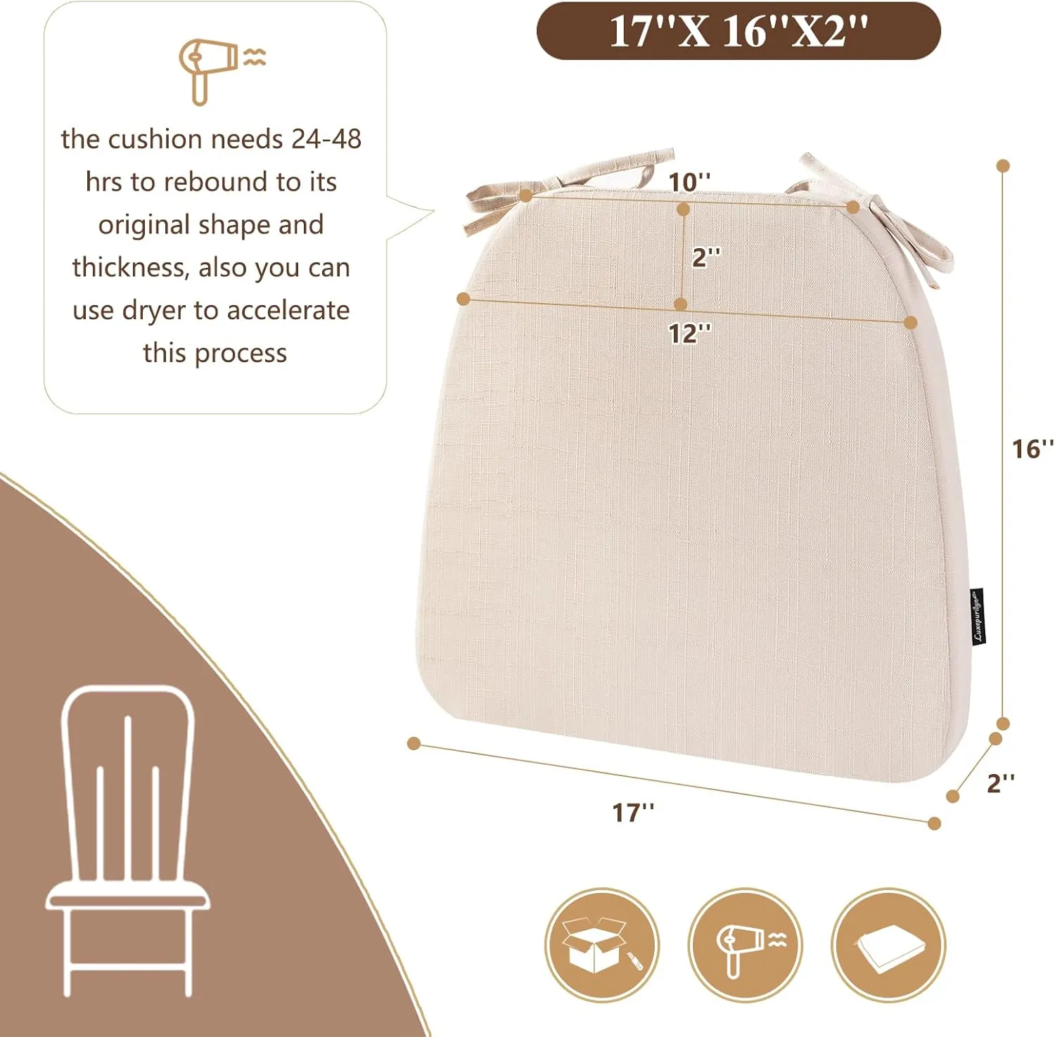 Chair Cushions for Dining Chairs, Indoor Seat Cushions with Ties and Non-Slip Backing, High-Resilience Chair Pads for Dining Room and Kitchen Chairs, 17''x16''x2'', Ivory, Set of 4