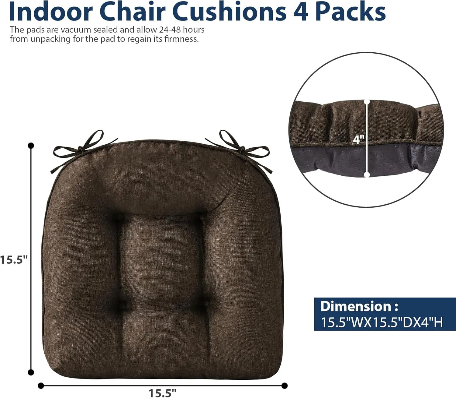 Chair Cushions for Dining Chairs, Seat Cushions for Kitchen Chairs, Indoor Seat Cushions with Ties, Tufted Foam Chair Pads, Non Slip Chair Cushions Set of 4, 15.5" x 15.5" x 4", Brown