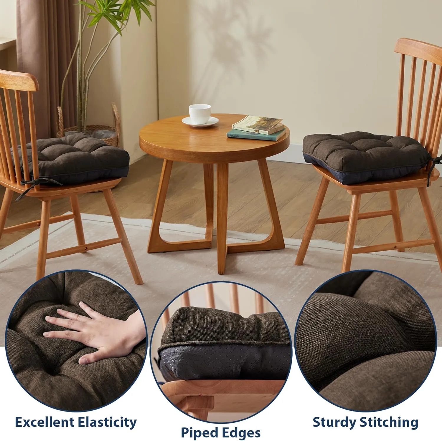Chair Cushions for Dining Chairs, Seat Cushions for Kitchen Chairs, Indoor Seat Cushions with Ties, Tufted Foam Chair Pads, Non Slip Chair Cushions Set of 4, 15.5" x 15.5" x 4", Brown