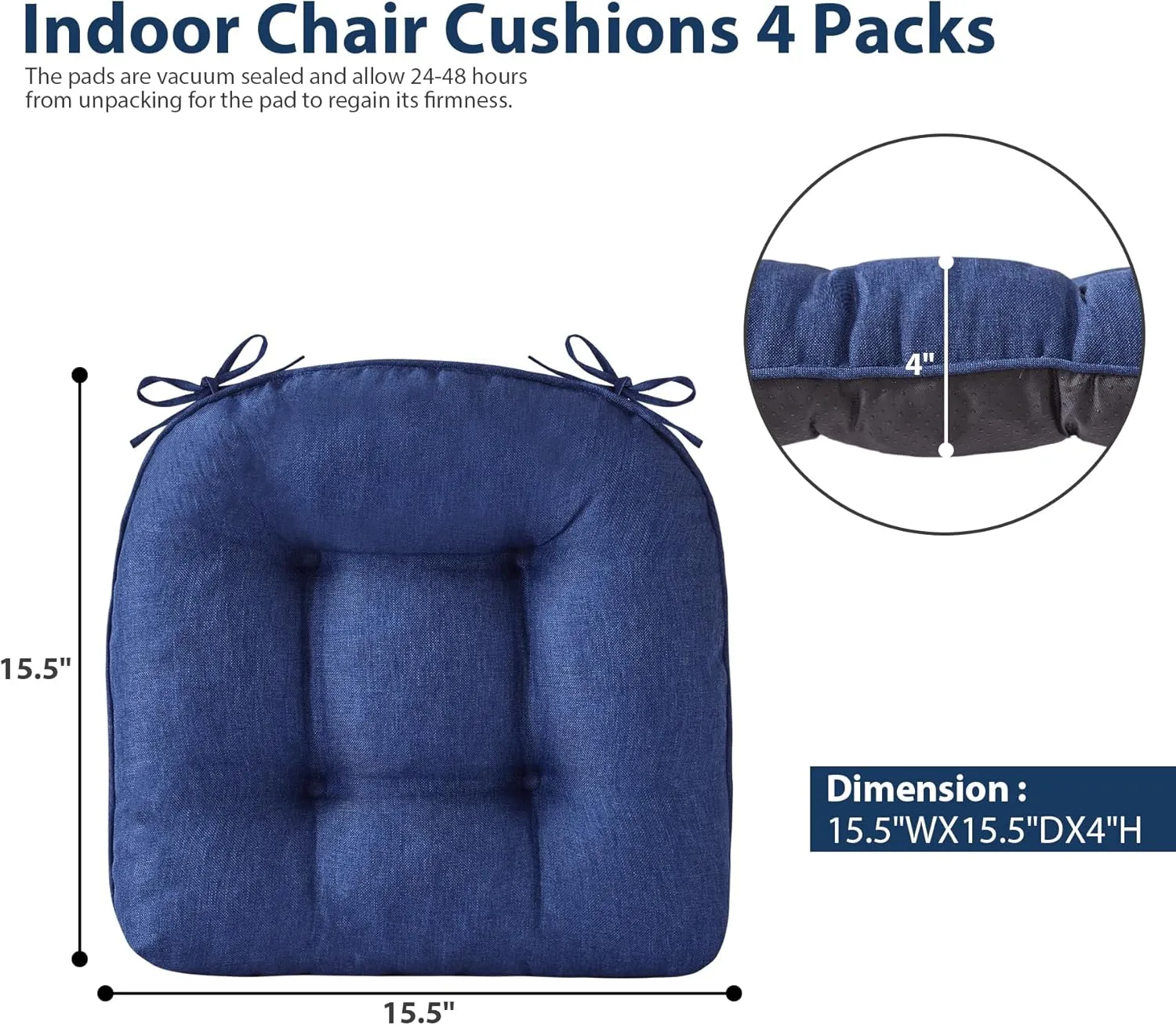 Chair Cushions for Dining Chairs, Seat Cushions for Kitchen Chairs, Indoor Seat Cushions with Ties, Tufted Foam Chair Pads, Non Slip Chair Cushions Set of 4, 15.5" x 15.5" x 4", Navy Blue