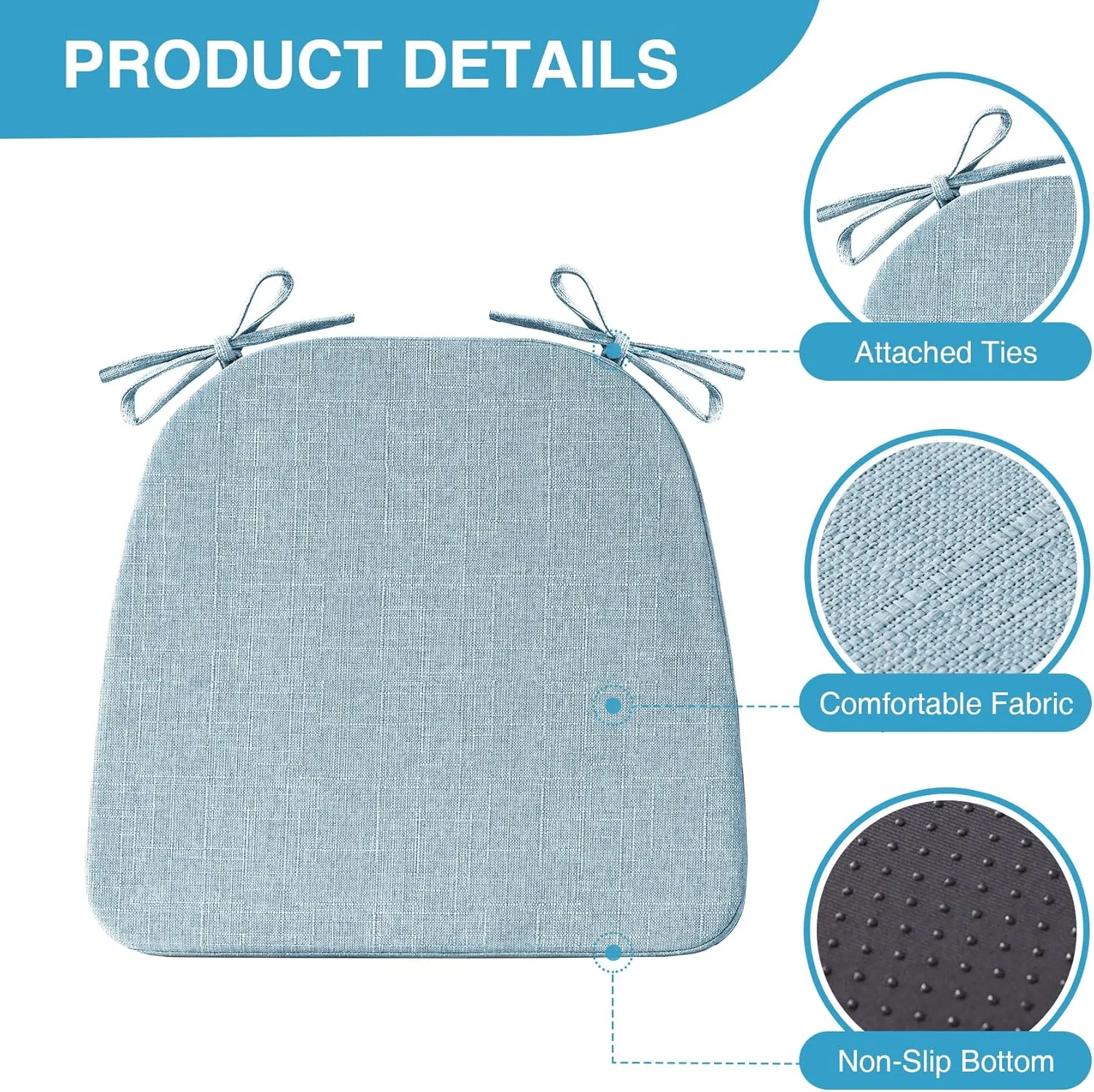 Chair Cushions for Dining Chairs Set of 4, Non Slip Kitchen Chair Pads, 17" x 16" x 2", Indoor Dining Chair Cushions with Ties, Seat Cushion for Kitchen Chairs, Chair Pads, Light Blue