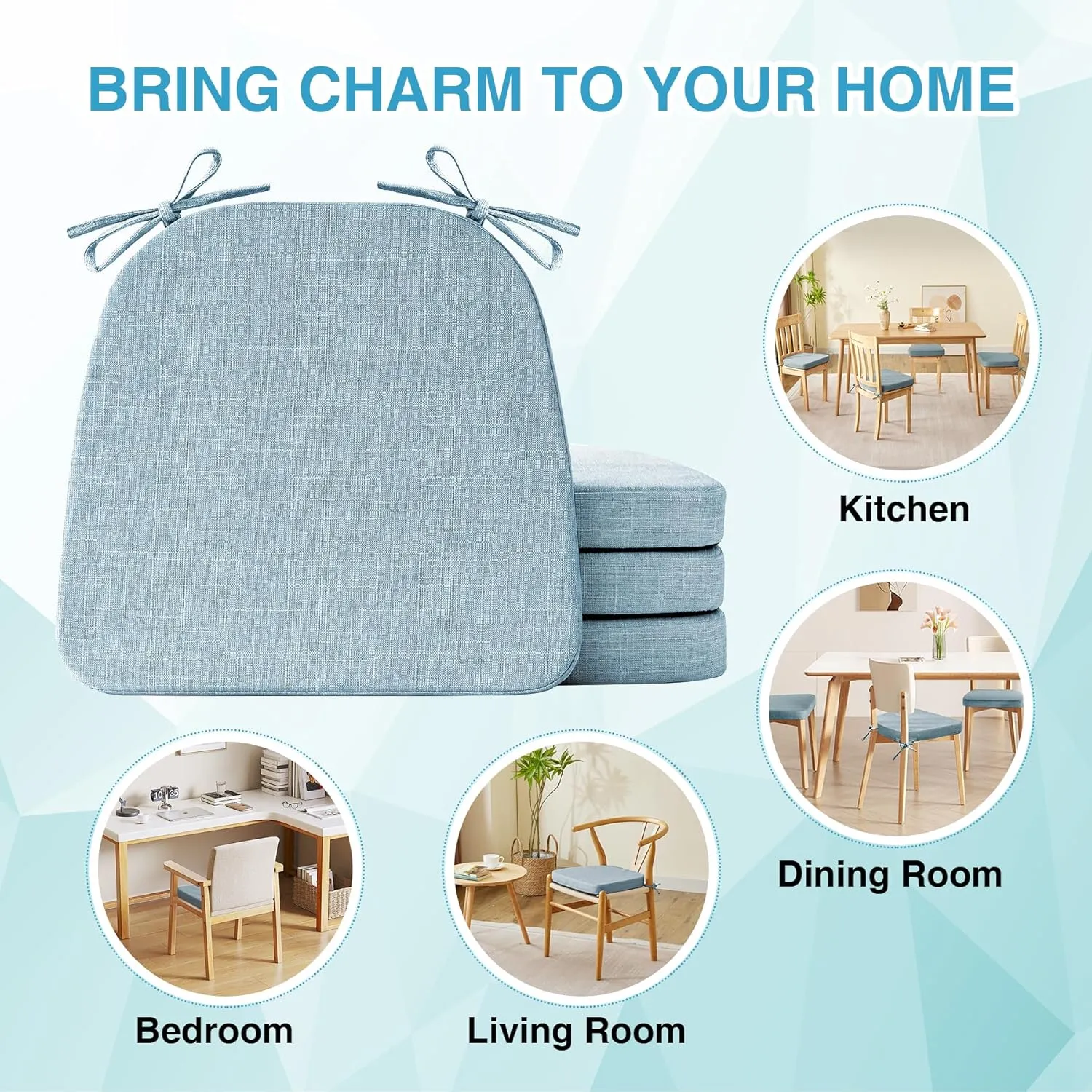 Chair Cushions for Dining Chairs Set of 4, Non Slip Kitchen Chair Pads, 17" x 16" x 2", Indoor Dining Chair Cushions with Ties, Seat Cushion for Kitchen Chairs, Chair Pads, Light Blue