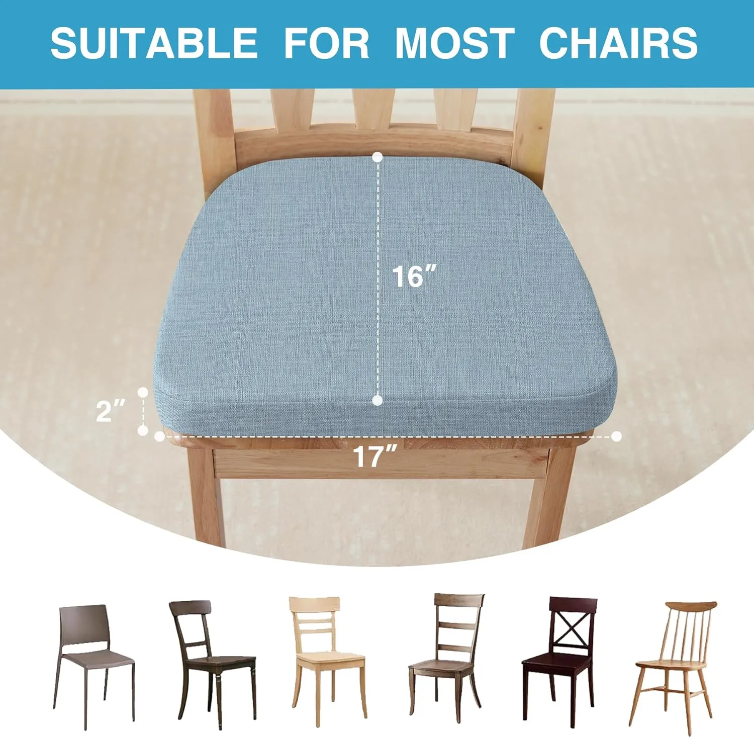 Chair Cushions for Dining Chairs Set of 4, Non Slip Kitchen Chair Pads, 17" x 16" x 2", Indoor Dining Chair Cushions with Ties, Seat Cushion for Kitchen Chairs, Chair Pads, Light Blue