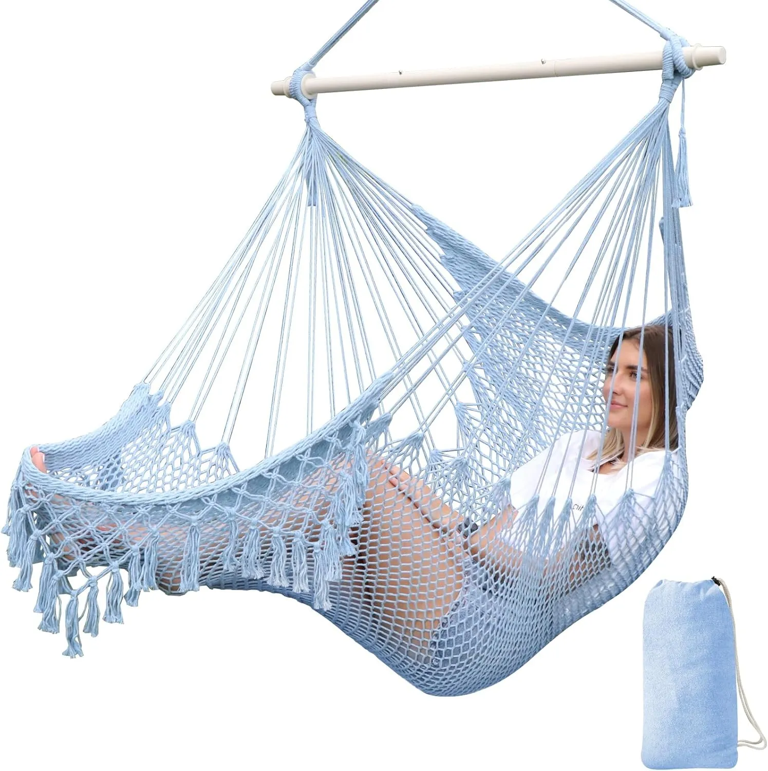 Chihee Hammock Chair Super Large Soft-Spun Cotton Rope Weaving Hanging Chair, Collapsible Strong Metal Spreader Bar Wide Seat Lace Stretch Swing Chairs Indoor Outdoor Garden Yard Theme Decoration