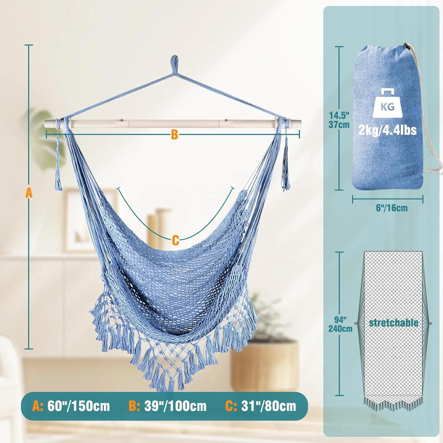 Chihee Hammock Chair Super Large Soft-Spun Cotton Rope Weaving Hanging Chair, Collapsible Strong Metal Spreader Bar Wide Seat Lace Stretch Swing Chairs Indoor Outdoor Garden Yard Theme Decoration