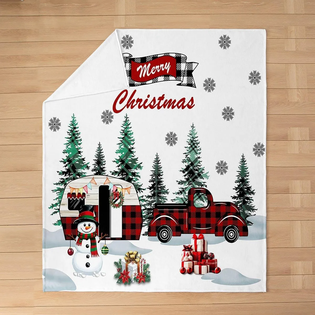 Christmas Camper Fleece Blanket Winter Happy Camping Blankets for Boys Girls Xmas Snowman Snowflake Throw Blanket All Season Pine Tree Silhouette Queen 90x90 Inch Living Room Decor Flannel Blankets