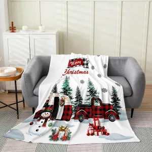 Christmas Camper Fleece Blanket Winter Happy Camping Blankets for Boys Girls Xmas Snowman Snowflake Throw Blanket All Season Pine Tree Silhouette Queen 90x90 Inch Living Room Decor Flannel Blankets