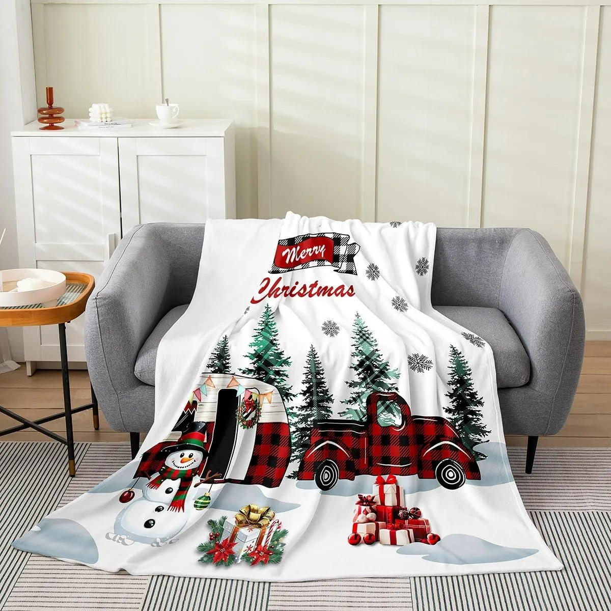 Christmas Camper Fleece Blanket Winter Happy Camping Blankets for Boys Girls Xmas Snowman Snowflake Throw Blanket All Season Pine Tree Silhouette Queen 90x90 Inch Living Room Decor Flannel Blankets