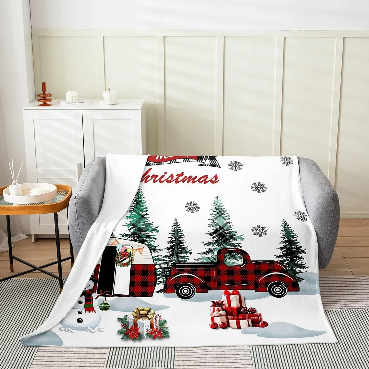Christmas Camper Fleece Blanket Winter Happy Camping Blankets for Boys Girls Xmas Snowman Snowflake Throw Blanket All Season Pine Tree Silhouette Queen 90x90 Inch Living Room Decor Flannel Blankets