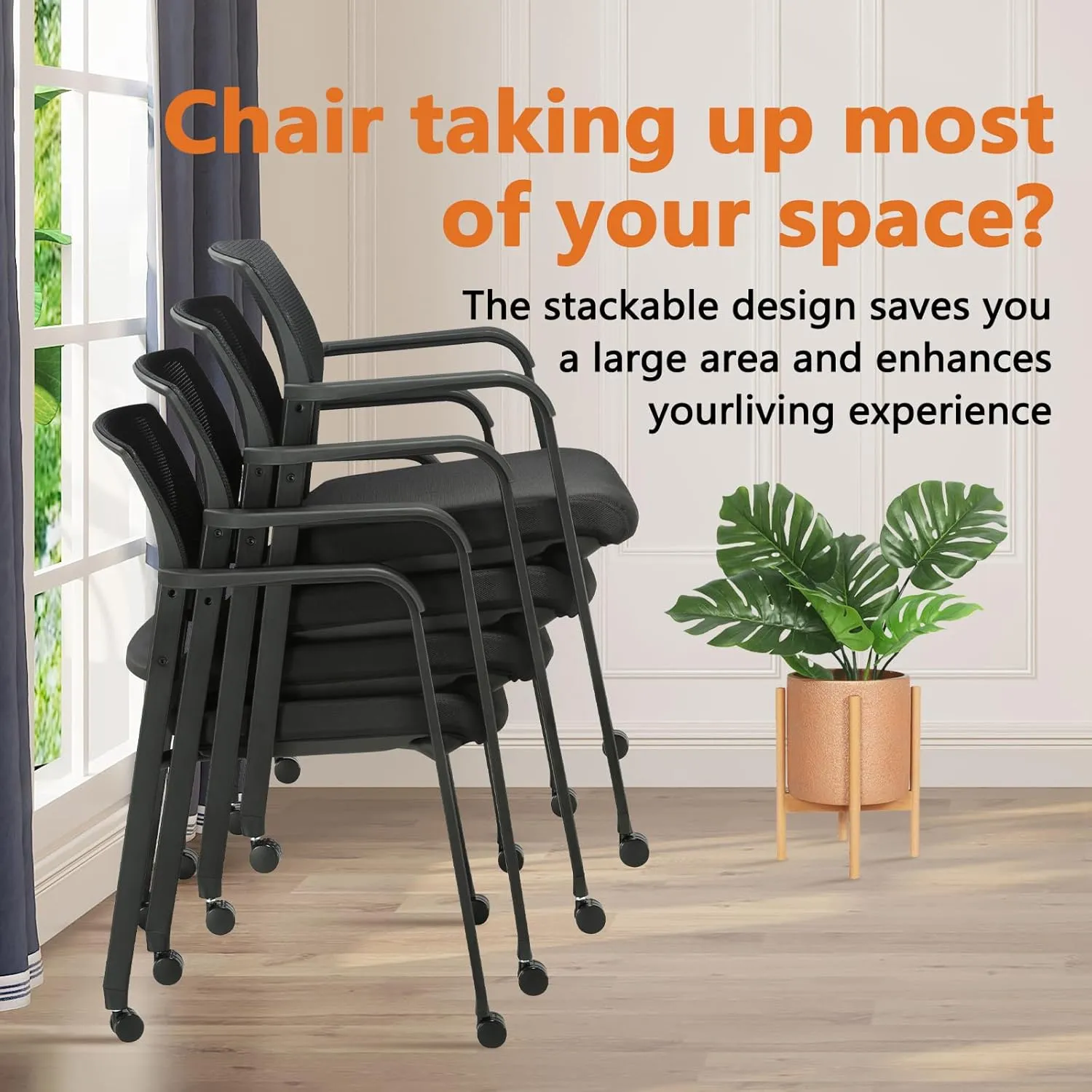 CLATINA Black Waiting Room Chair with Wheels Mesh Back Stacking Arm Chairs with Upholstered Fabric Seat and Ergonomic Lumber Support for Office School Church Guest Reception