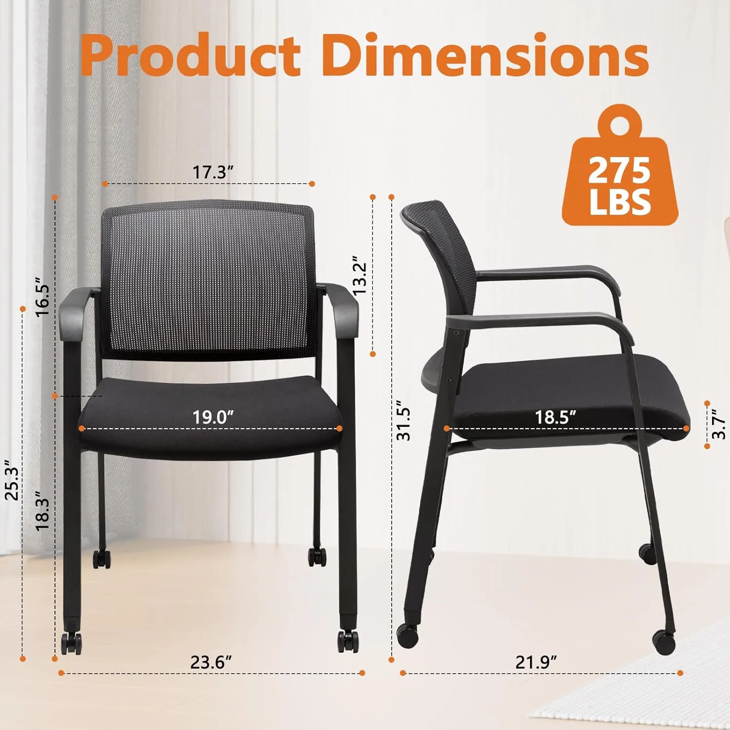 CLATINA Black Waiting Room Chair with Wheels Mesh Back Stacking Arm Chairs with Upholstered Fabric Seat and Ergonomic Lumber Support for Office School Church Guest Reception