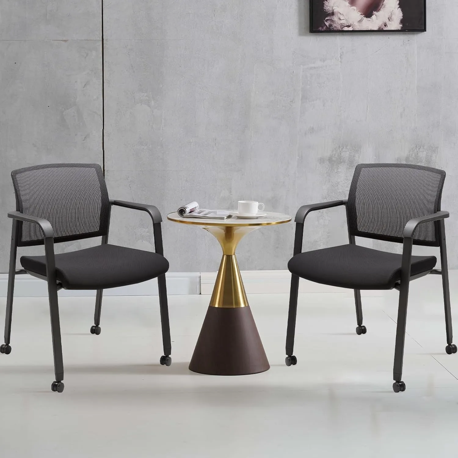 CLATINA Black Waiting Room Chair with Wheels Mesh Back Stacking Arm Chairs with Upholstered Fabric Seat and Ergonomic Lumber Support for Office School Church Guest Reception