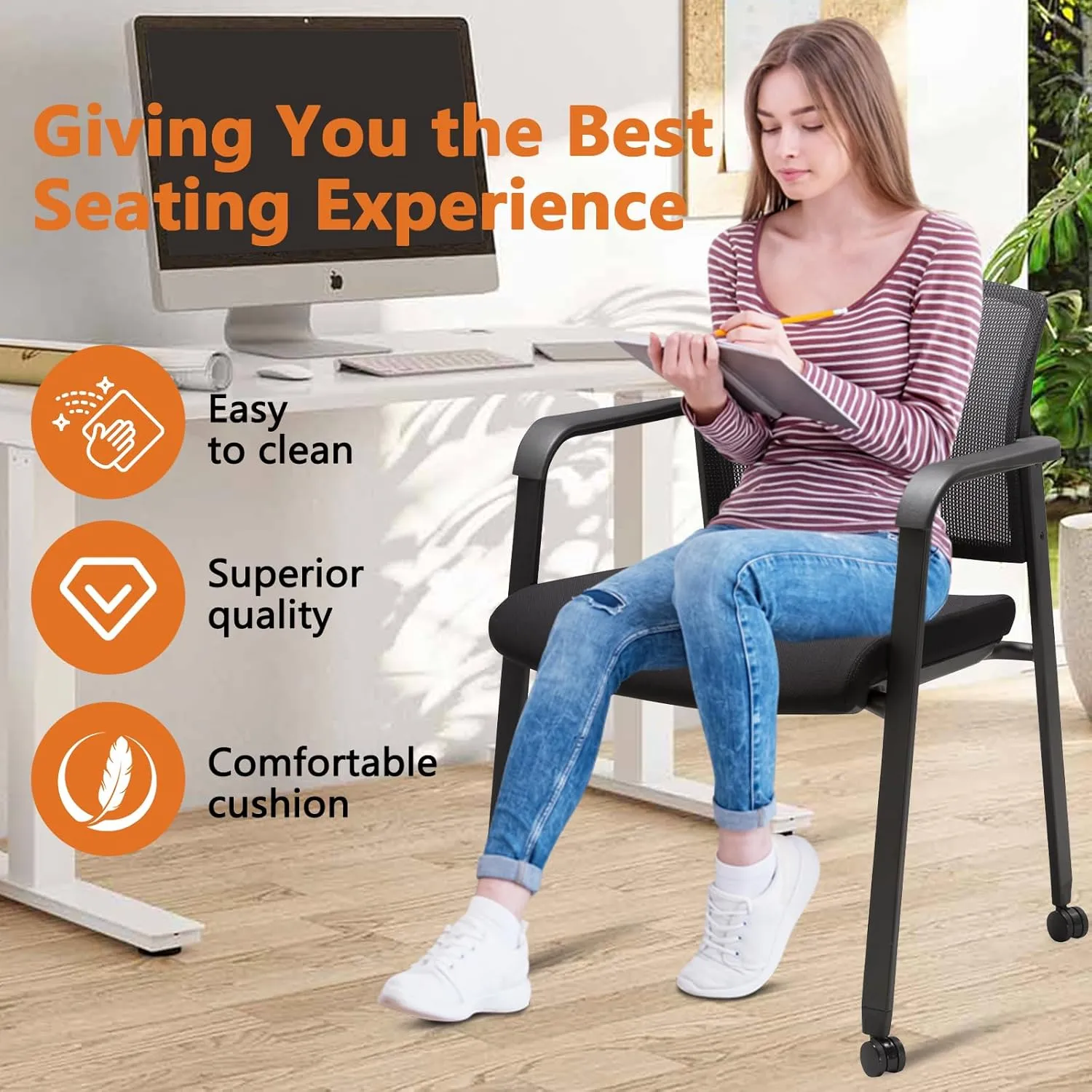 CLATINA Black Waiting Room Chair with Wheels Mesh Back Stacking Arm Chairs with Upholstered Fabric Seat and Ergonomic Lumber Support for Office School Church Guest Reception