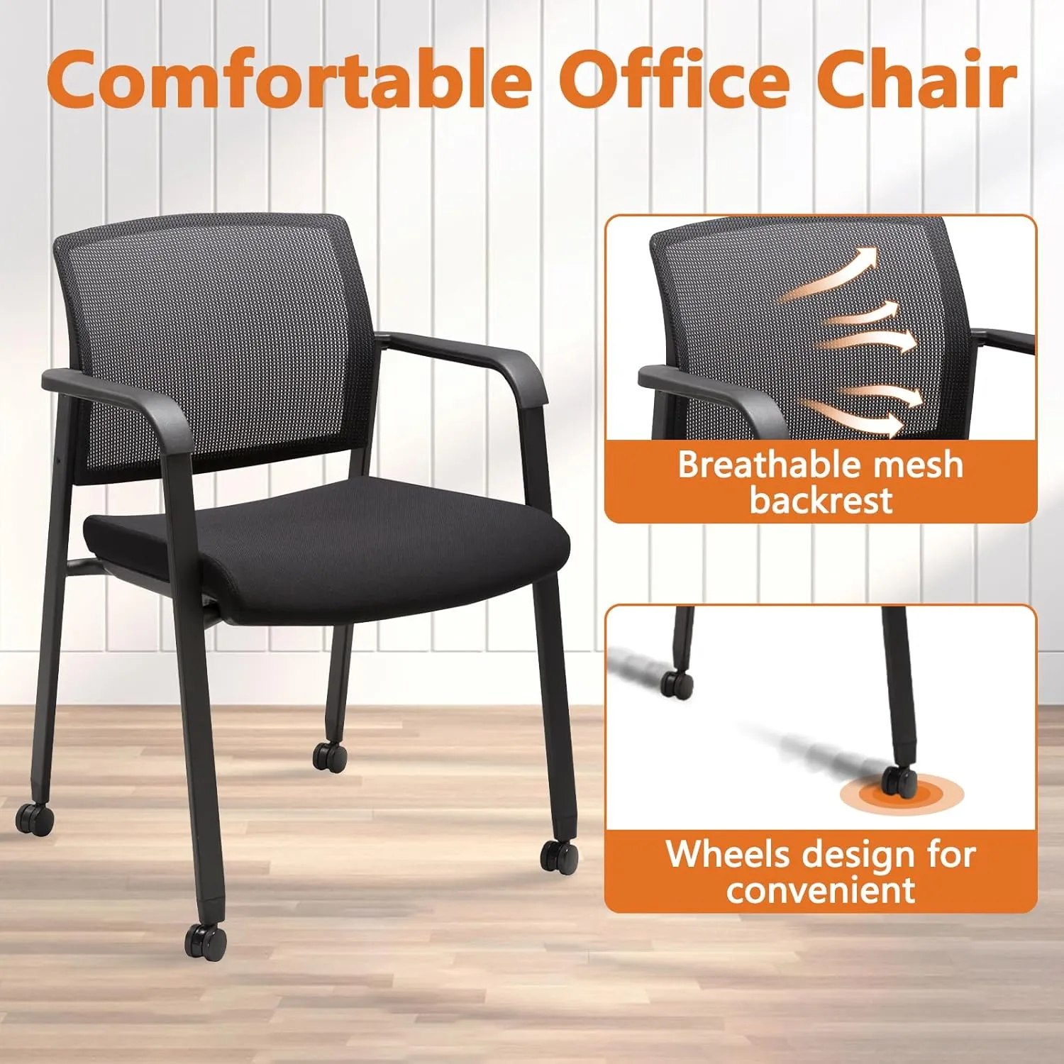 CLATINA Black Waiting Room Chair with Wheels Mesh Back Stacking Arm Chairs with Upholstered Fabric Seat and Ergonomic Lumber Support for Office School Church Guest Reception