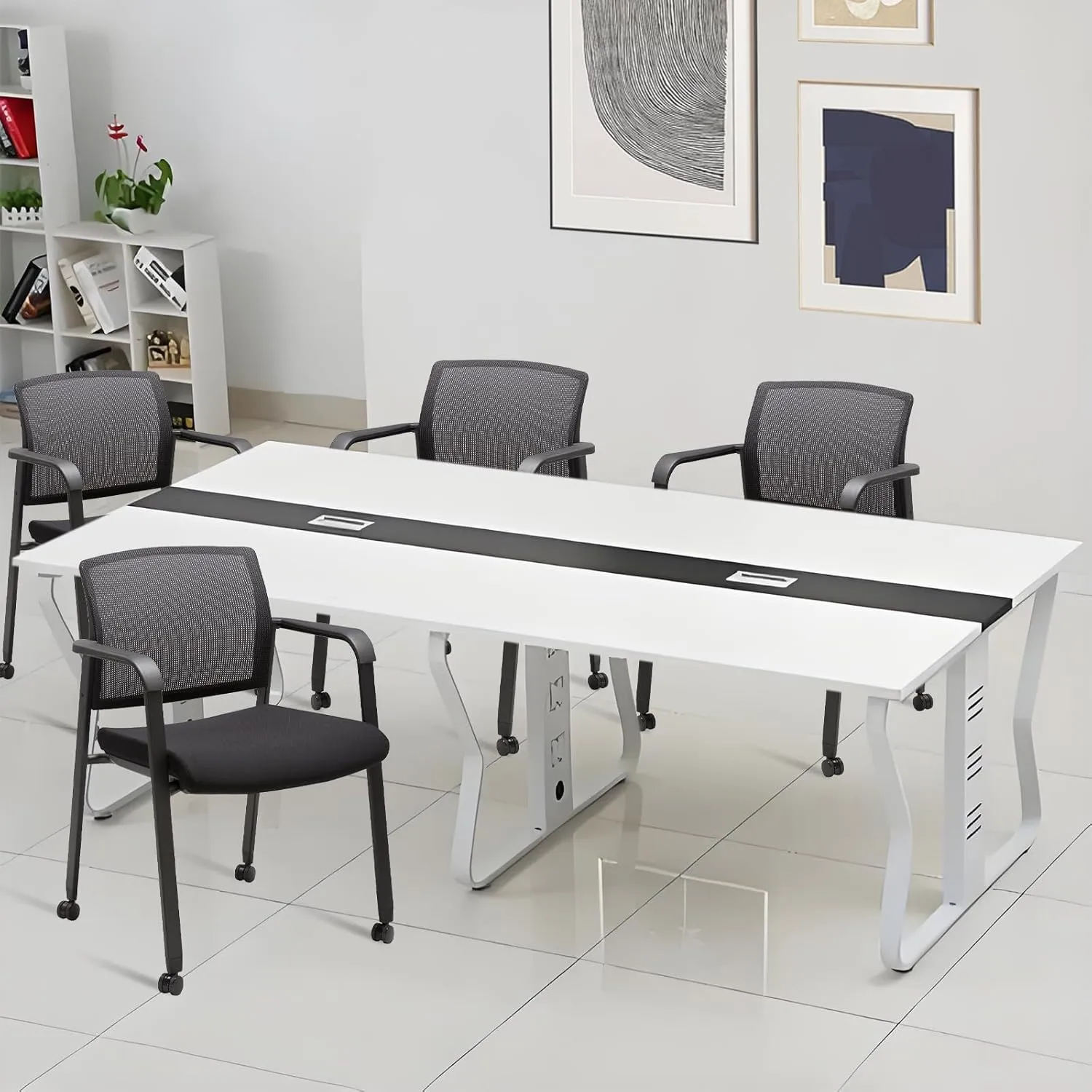 CLATINA Black Waiting Room Chair with Wheels Mesh Back Stacking Arm Chairs with Upholstered Fabric Seat and Ergonomic Lumber Support for Office School Church Guest Reception