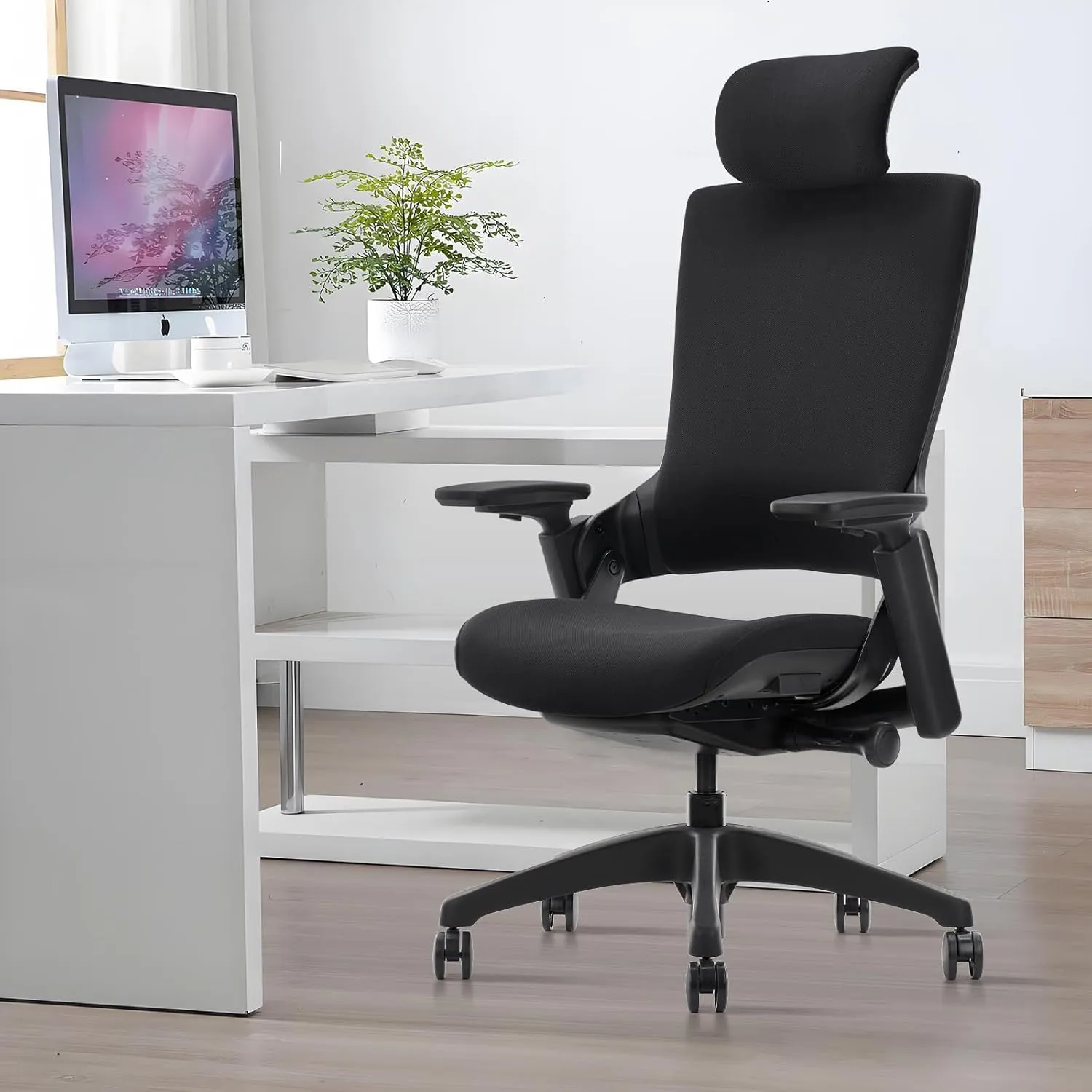 CLATINA Ergonomic High Swivel Executive Chair with Adjustable Height Head 3D Arm Rest Lumbar Support and Upholstered Back for Home Office Studio, Black Fabric, 2 Pack