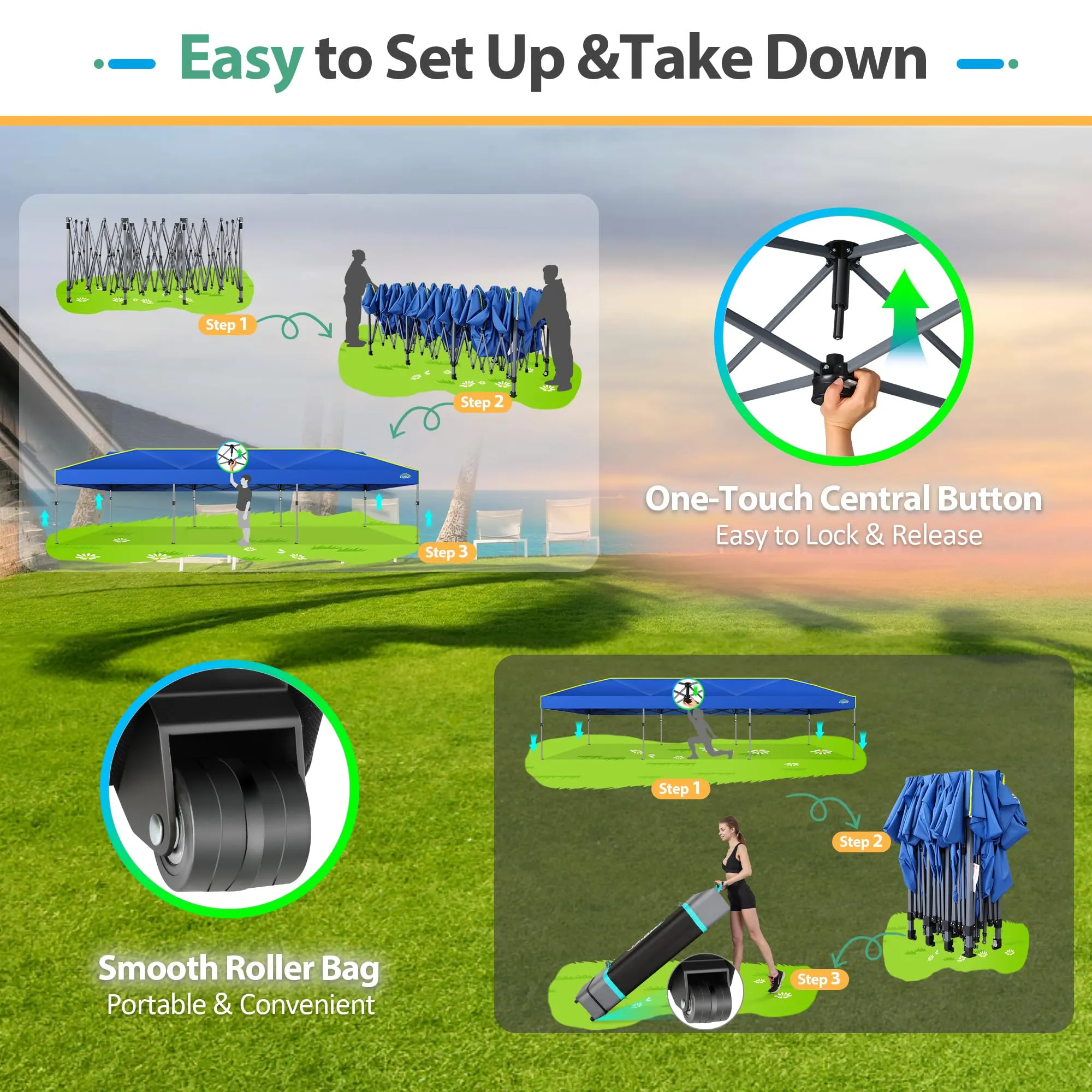 COBIZI 10x30 Pop Up Canopy Tent with Air Vent EZ Pop Up Party 10x30 Canopy Tent Waterproof and UPF50 ,Outdoor Canopy Tent for Parties Wedding Events,with Roller Bag, Sandbags(Blue