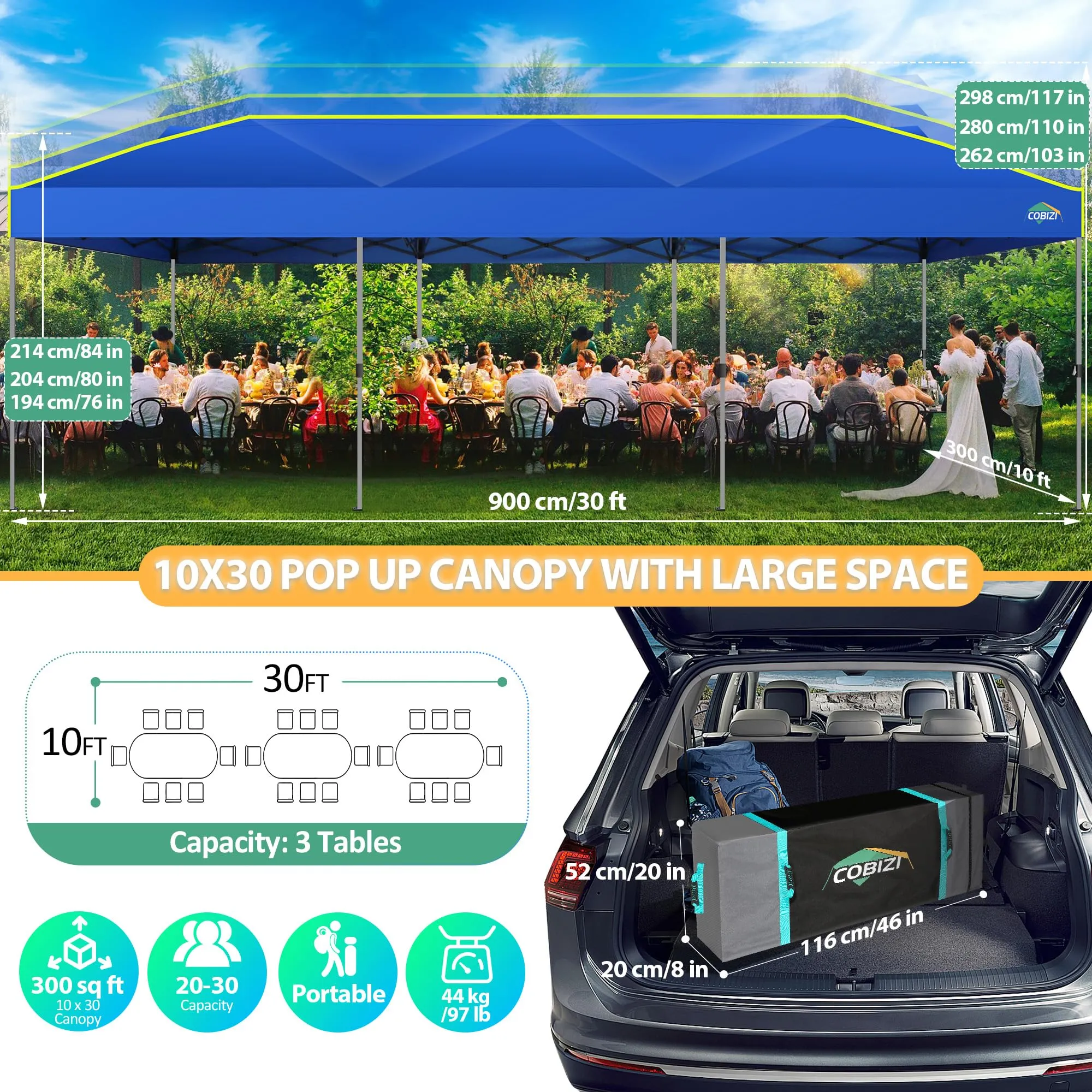 COBIZI 10x30 Pop Up Canopy Tent with Air Vent EZ Pop Up Party 10x30 Canopy Tent Waterproof and UPF50 ,Outdoor Canopy Tent for Parties Wedding Events,with Roller Bag, Sandbags(Blue