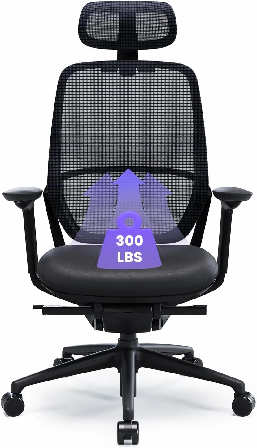 COLAMY Ergonomic Office Chair with Adjustable Seat Depth, 4D Armrests, Lumbar Support, Breathable Mesh Back, Leather Seat Cushion, and Recline Lock – Ideal Executive Desk Chair for Professionals