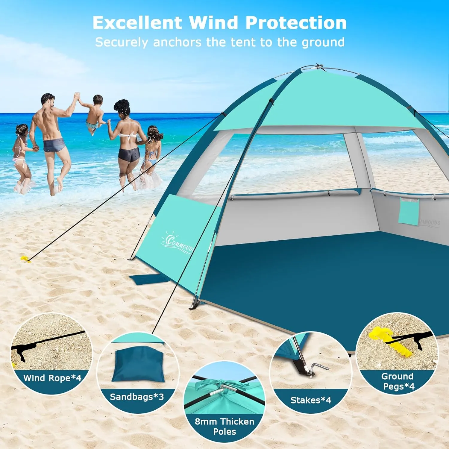 COMMOUDS Beach Tent Sun Shade for 3/4-5/6-7/8-10 Person, UPF 50  Beach Sun Shelter Canopy Tent, Lightweight, Easy Set Up and Carry