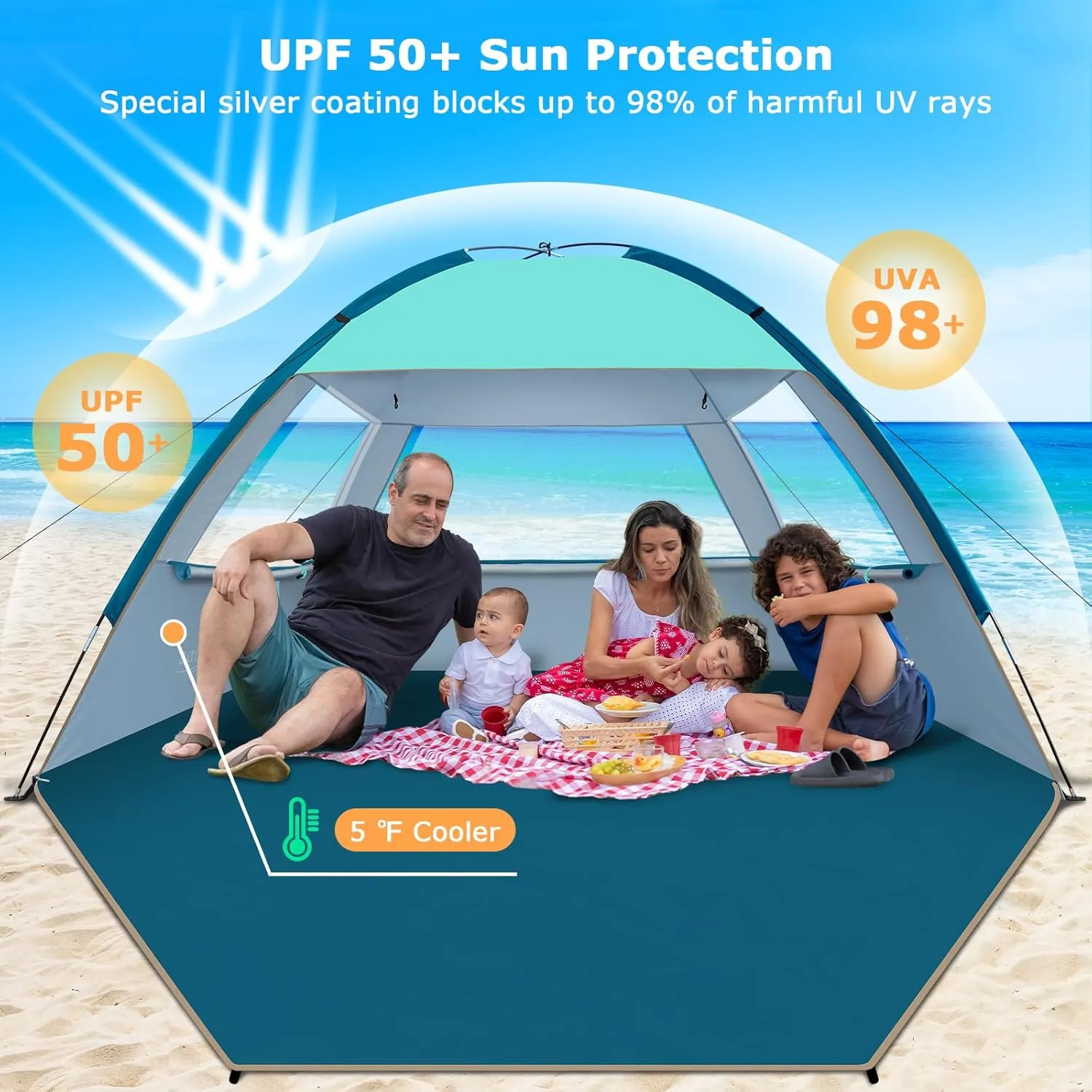 COMMOUDS Beach Tent Sun Shade for 3/4-5/6-7/8-10 Person, UPF 50  Beach Sun Shelter Canopy Tent, Lightweight, Easy Set Up and Carry