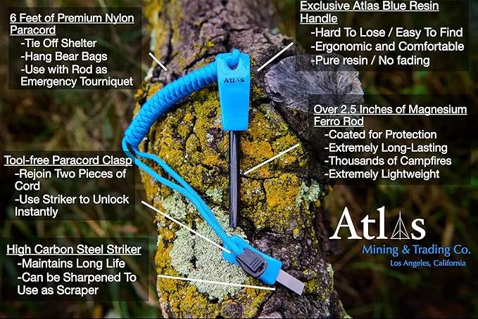 Compact Fire Starter Kit 2.5" Ferro Rod with Steel Striker, Unique Blue, 6ft of Paracord, for Survival, Hiking, Camping & Bushcrafting Tools by Atlas
