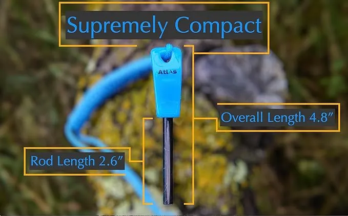 Compact Fire Starter Kit 2.5" Ferro Rod with Steel Striker, Unique Blue, 6ft of Paracord, for Survival, Hiking, Camping & Bushcrafting Tools by Atlas