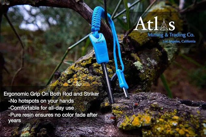Compact Fire Starter Kit 2.5" Ferro Rod with Steel Striker, Unique Blue, 6ft of Paracord, for Survival, Hiking, Camping & Bushcrafting Tools by Atlas