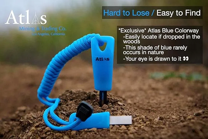 Compact Fire Starter Kit 2.5" Ferro Rod with Steel Striker, Unique Blue, 6ft of Paracord, for Survival, Hiking, Camping & Bushcrafting Tools by Atlas