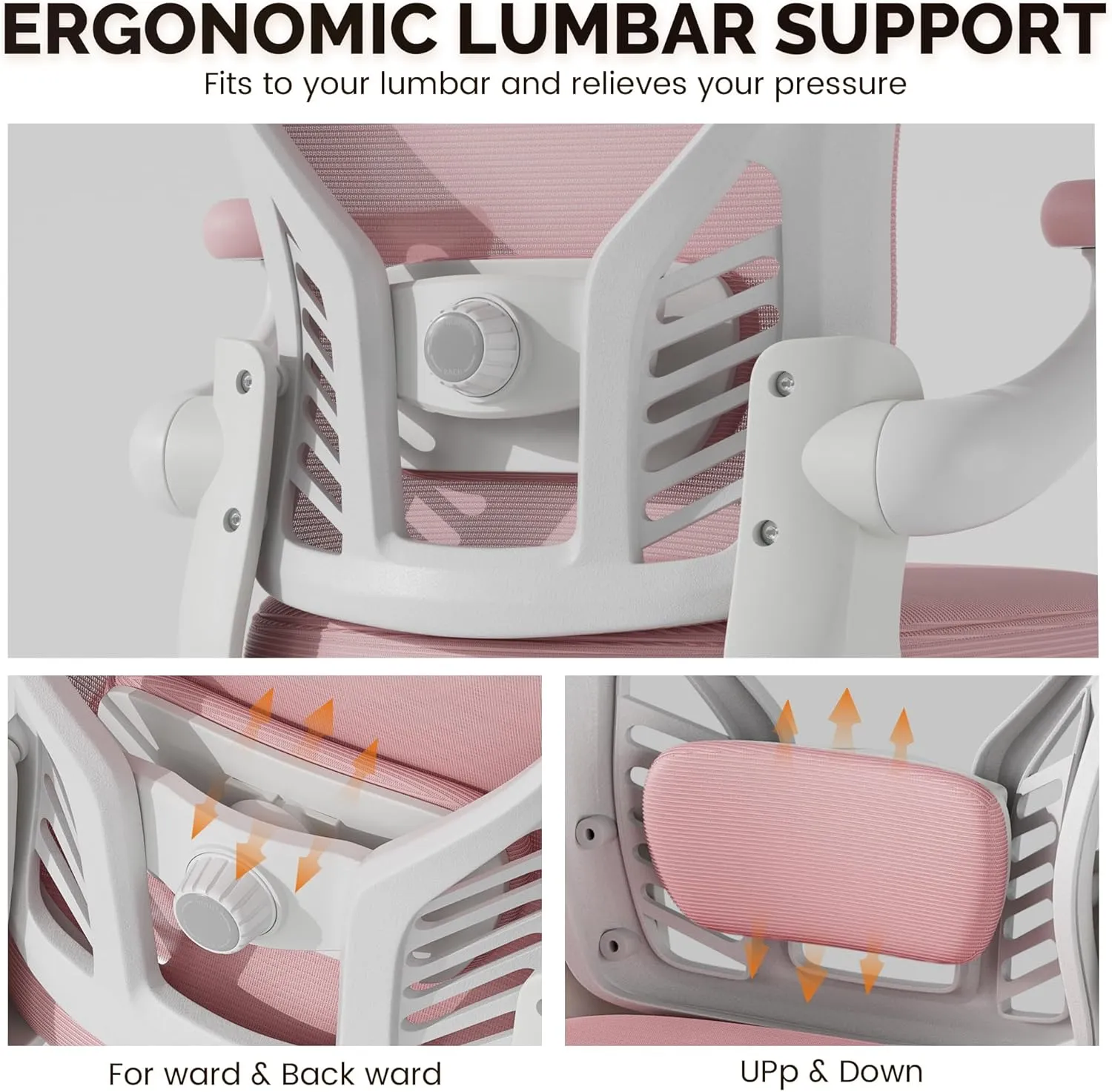 Computer Desk Chair with Wheels, Mesh Office Chair with Flip Up Arms, Adjustable Lumbar Support, Swivel Desk Chair Comfy, Pink